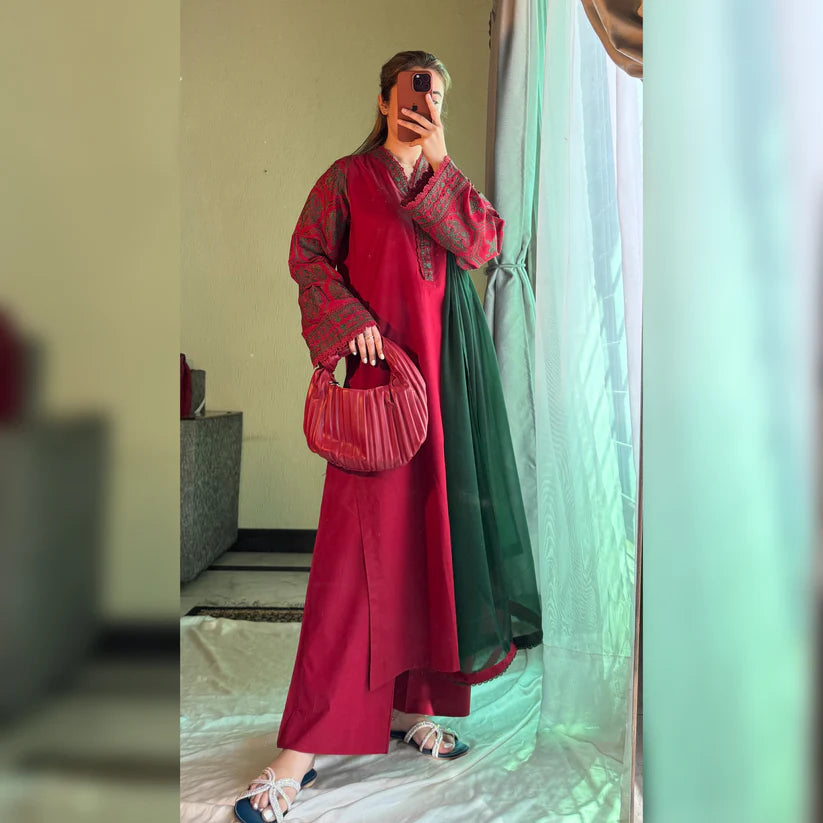 Cardinal Maroon Embroidered 3PC