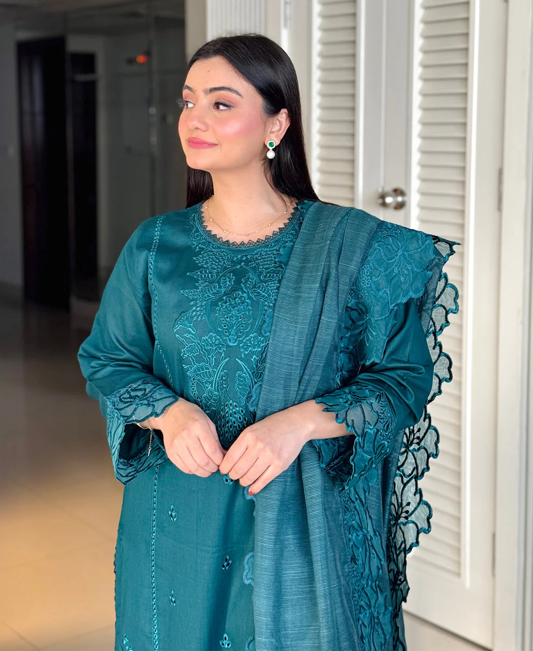 Teal Green Embroidered 3-Piece