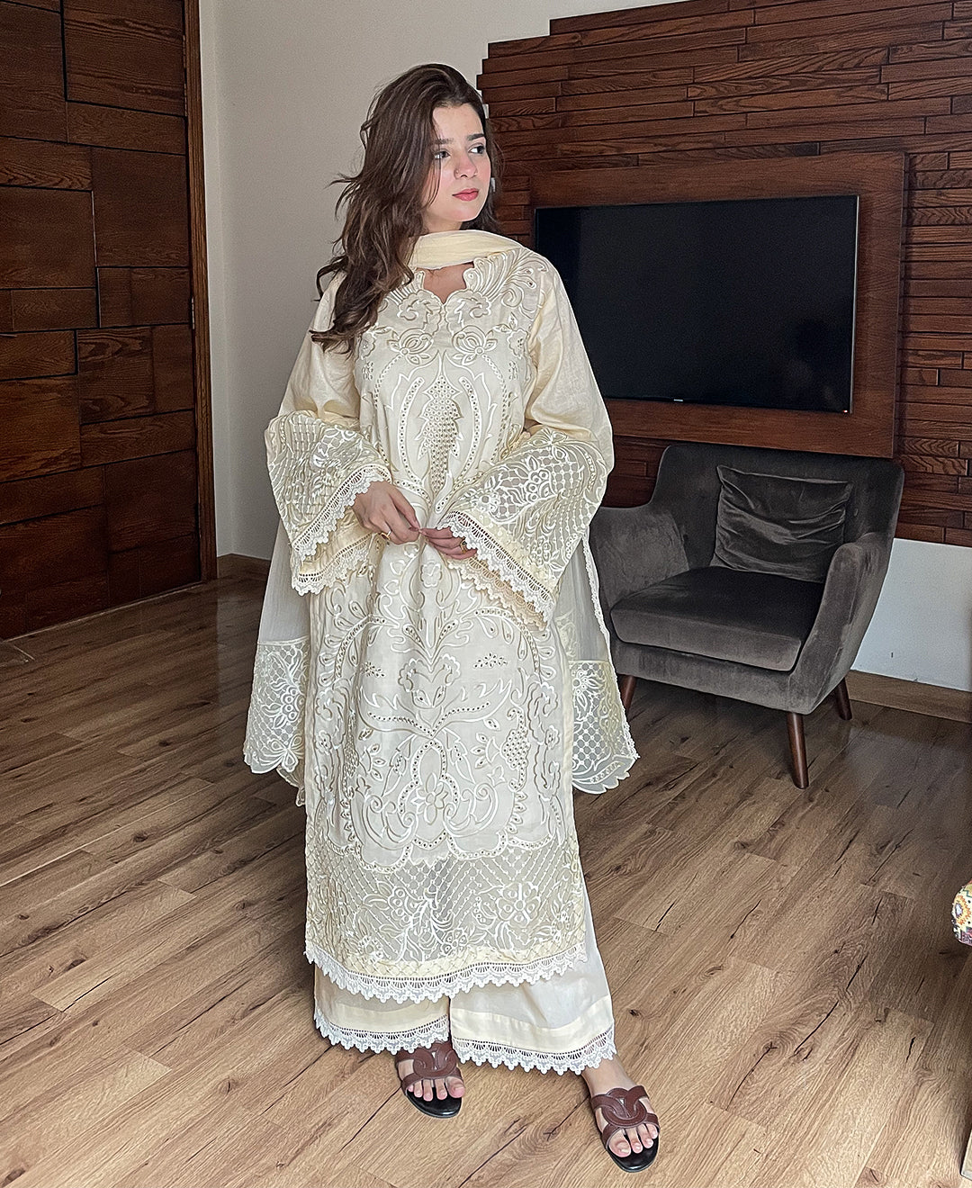 3 pcs Embroidered Dress - Butter Beige