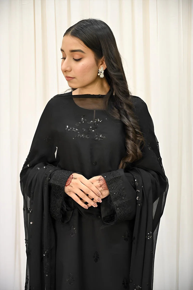 Black Embroidered 3 Piece Winter Dress