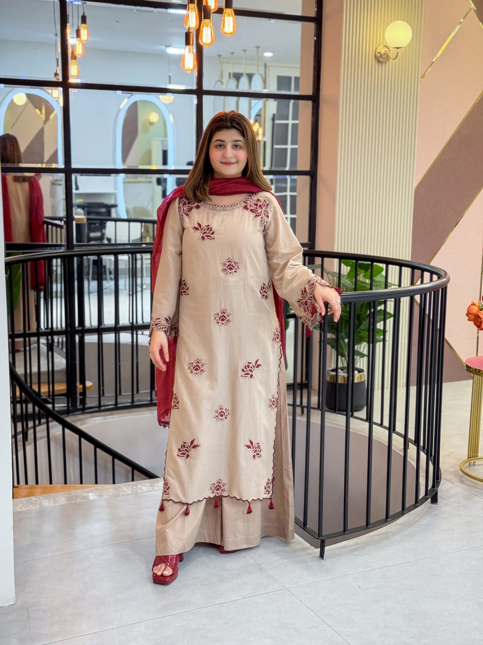Elegant Beige Lawn Suit with Maroon Embroidered Touch