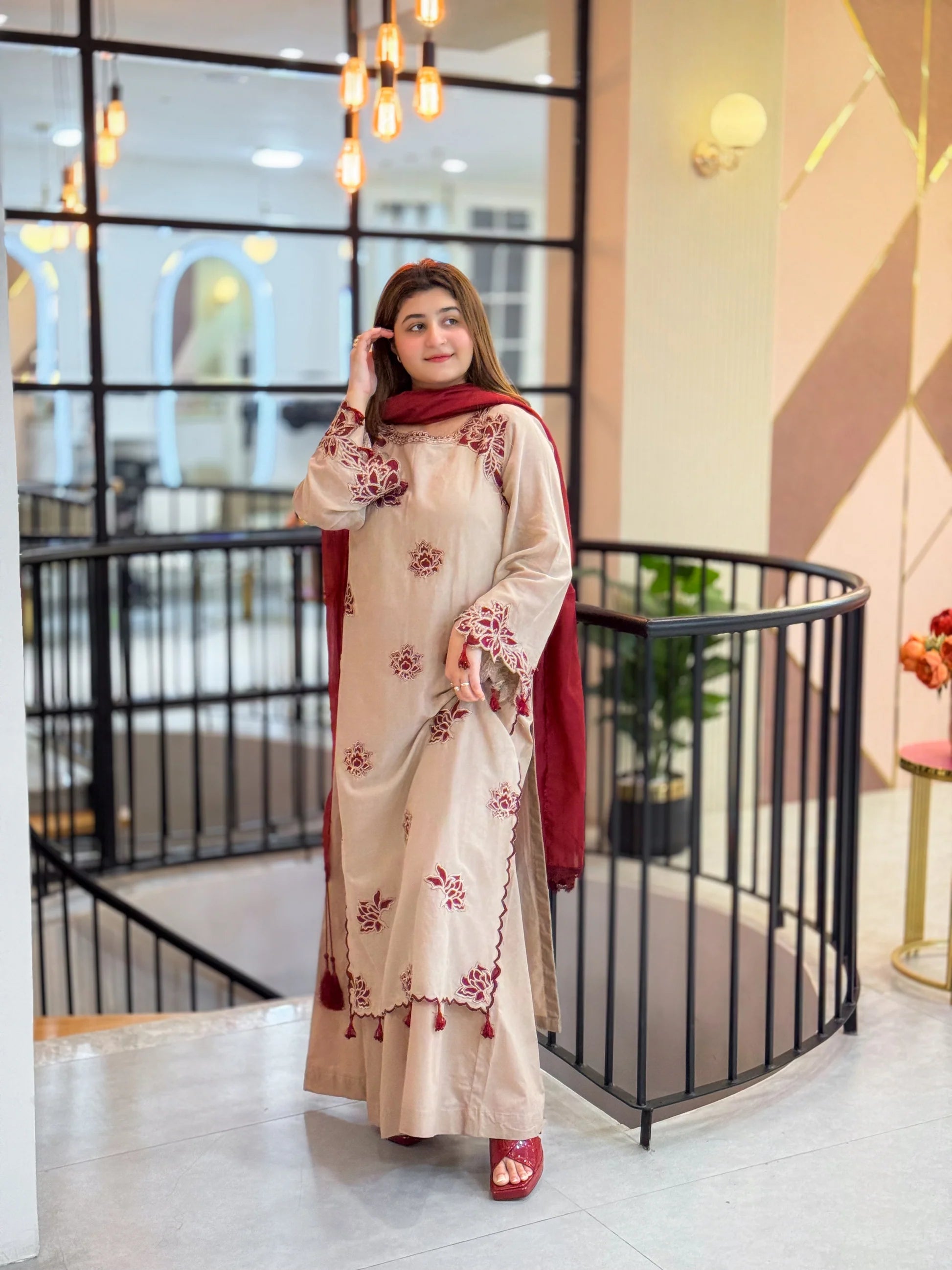 Elegant Beige Lawn Suit with Maroon Embroidered Touch