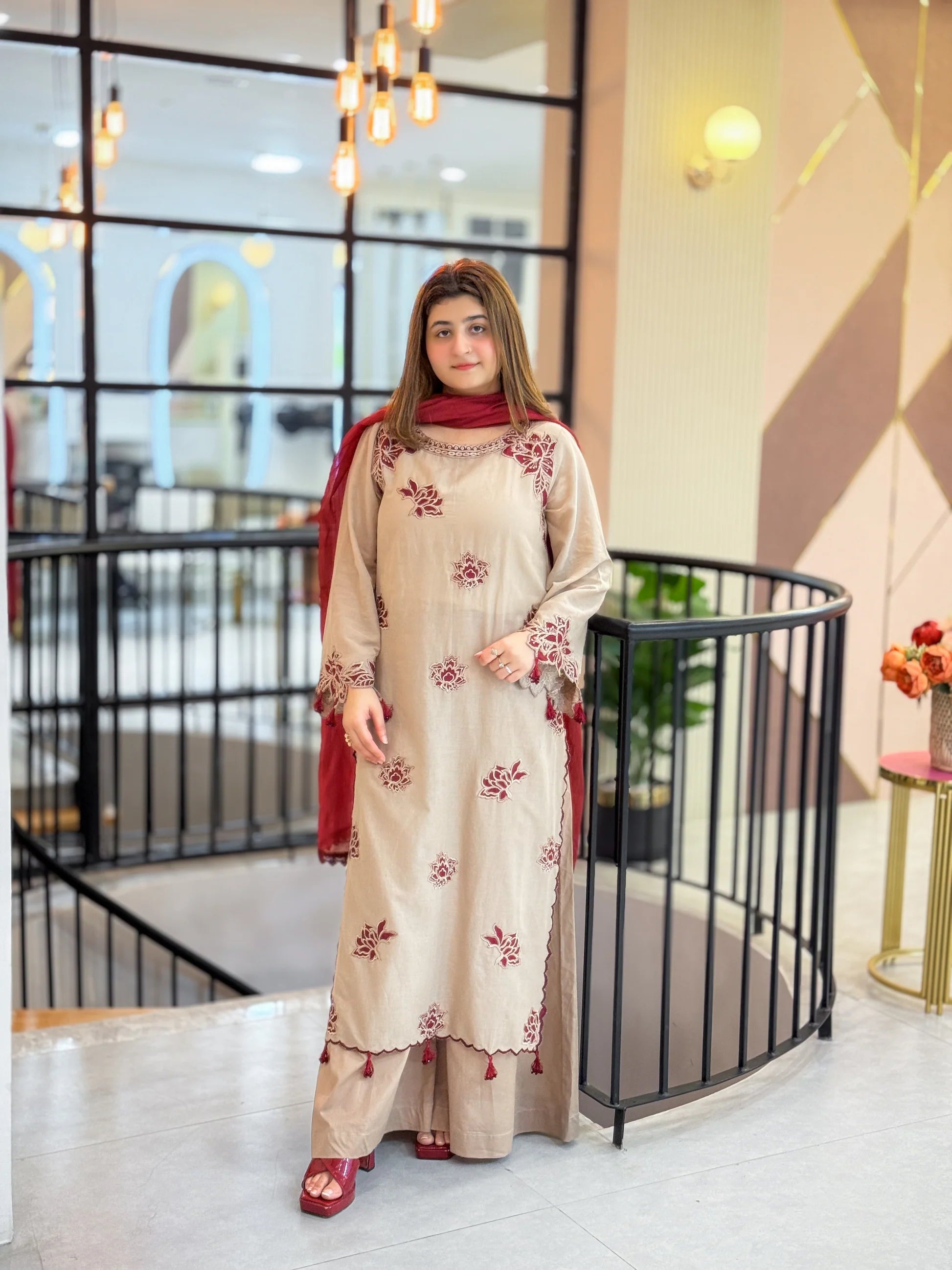 Elegant Beige Lawn Suit with Maroon Embroidered Touch