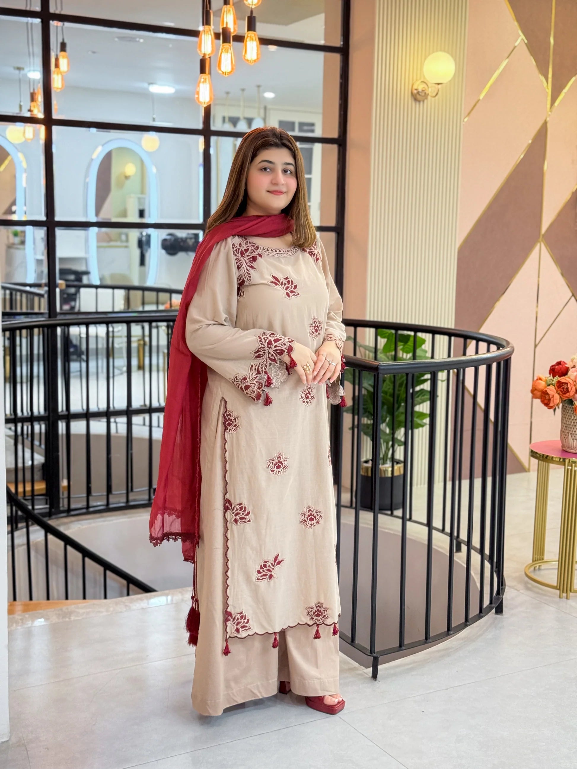 Elegant Beige Lawn Suit with Maroon Embroidered Touch