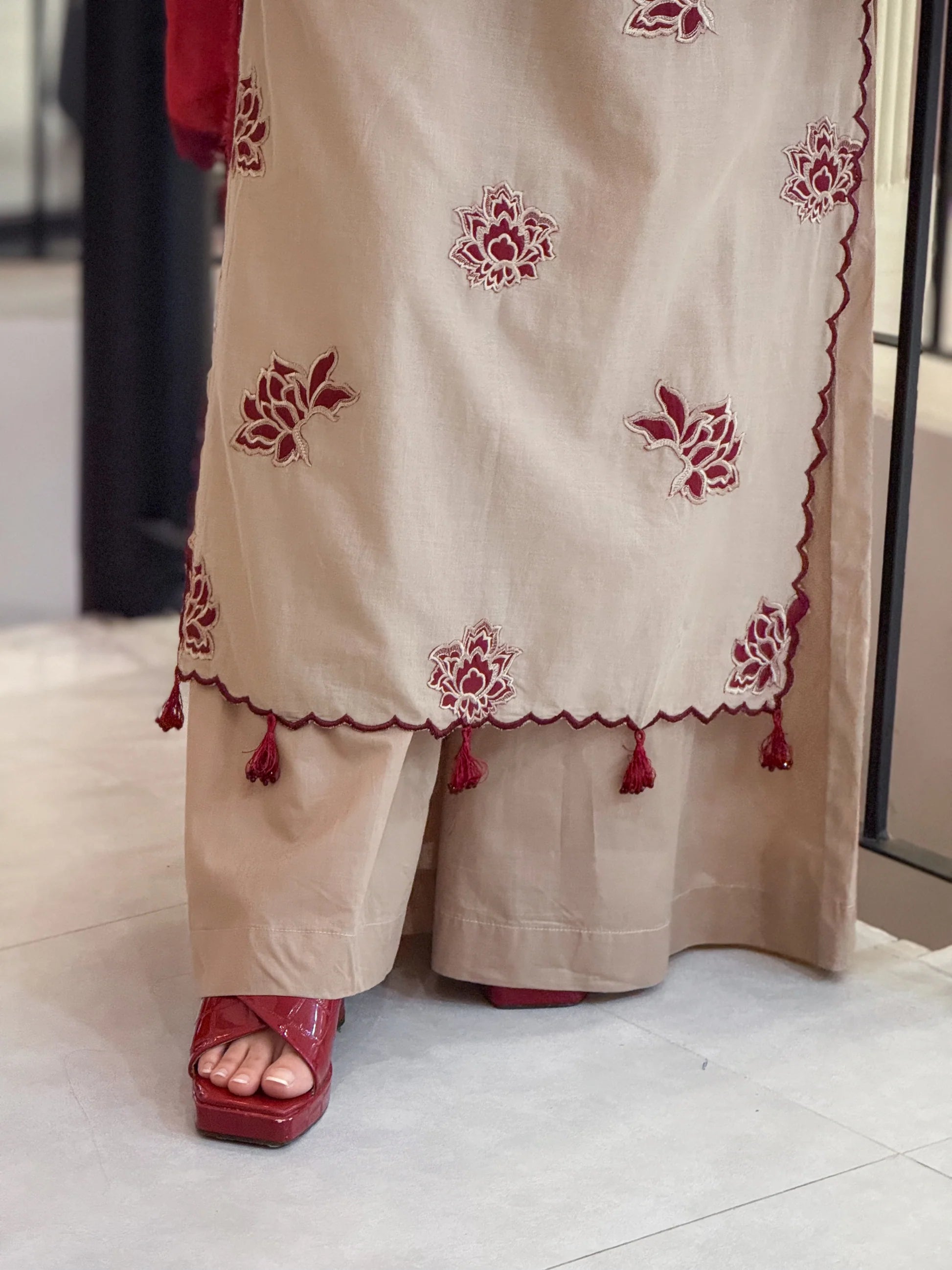 Elegant Beige Lawn Suit with Maroon Embroidered Touch
