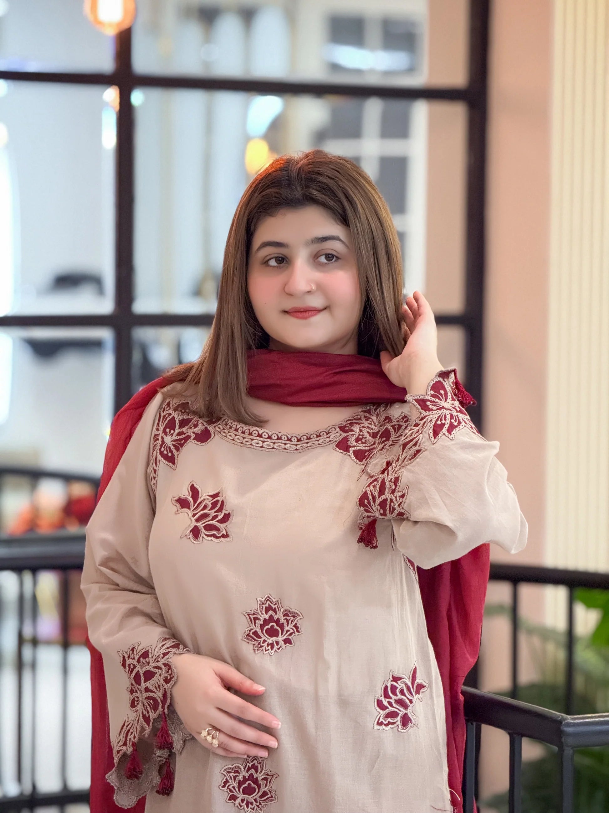 Elegant Beige Lawn Suit with Maroon Embroidered Touch