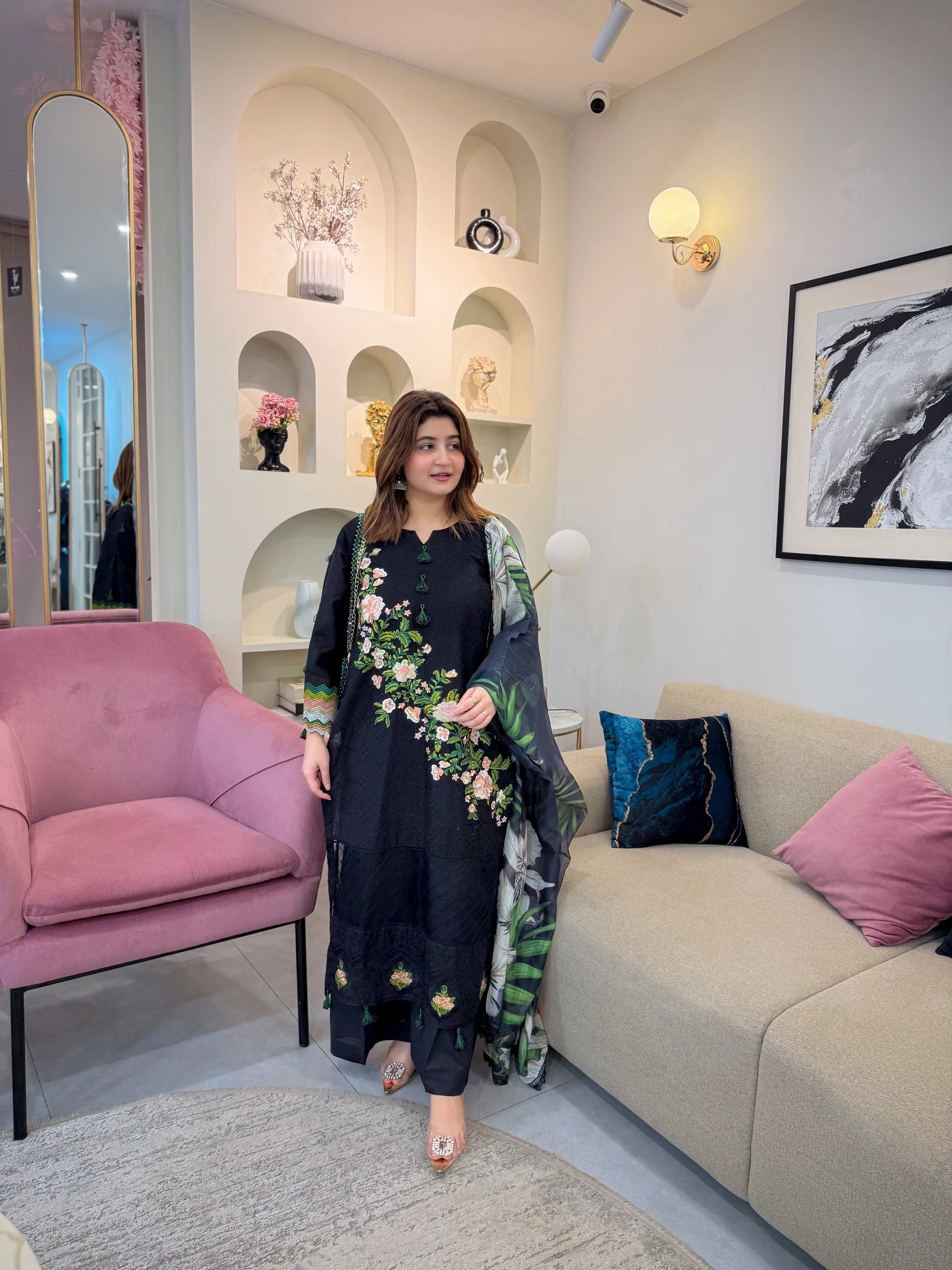 Luxury 3 Piece Embroidered Black Lawn Suit with Floral Dupatta