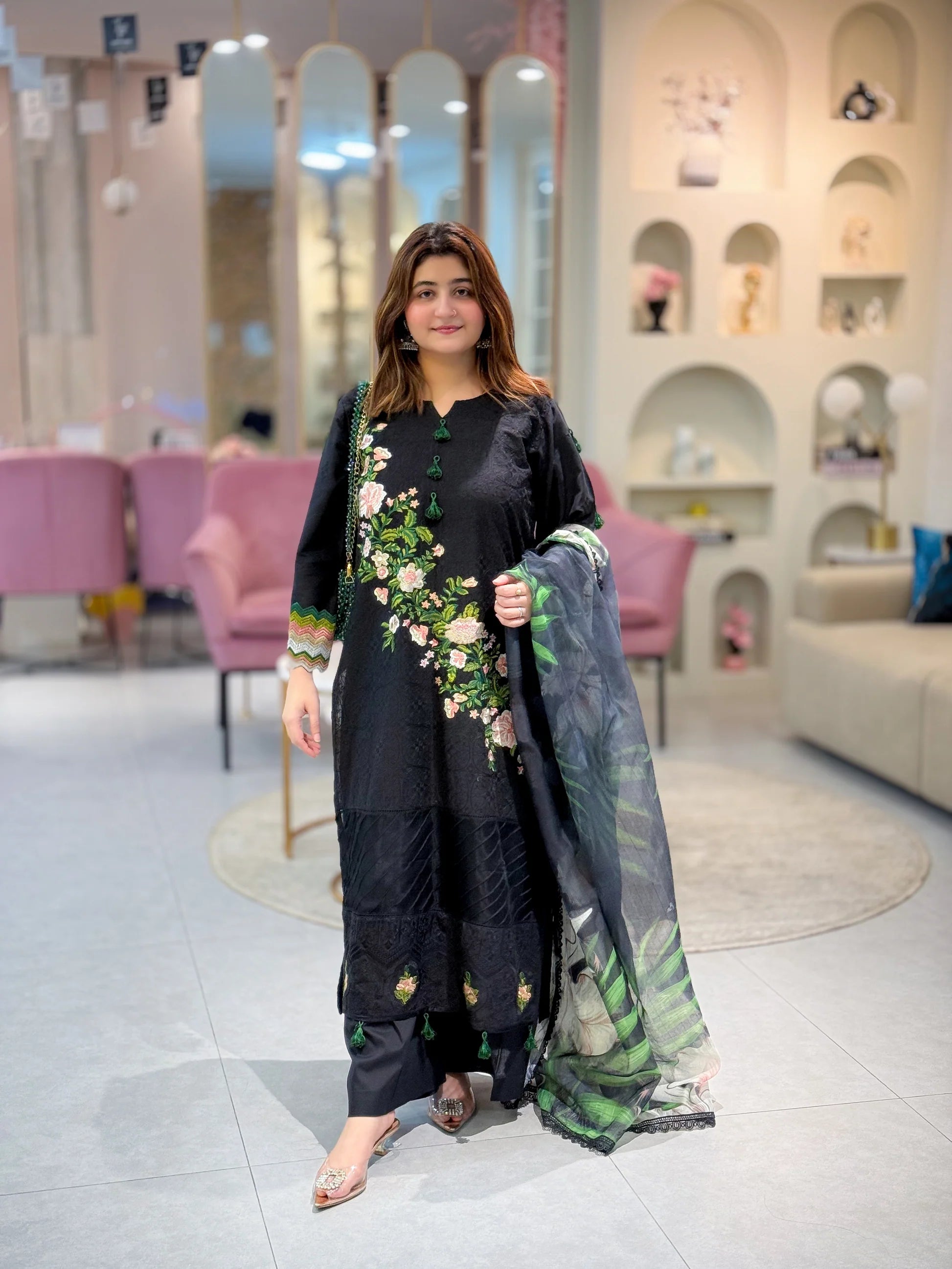 Luxury 3 Piece Embroidered Black Lawn Suit with Floral Dupatta