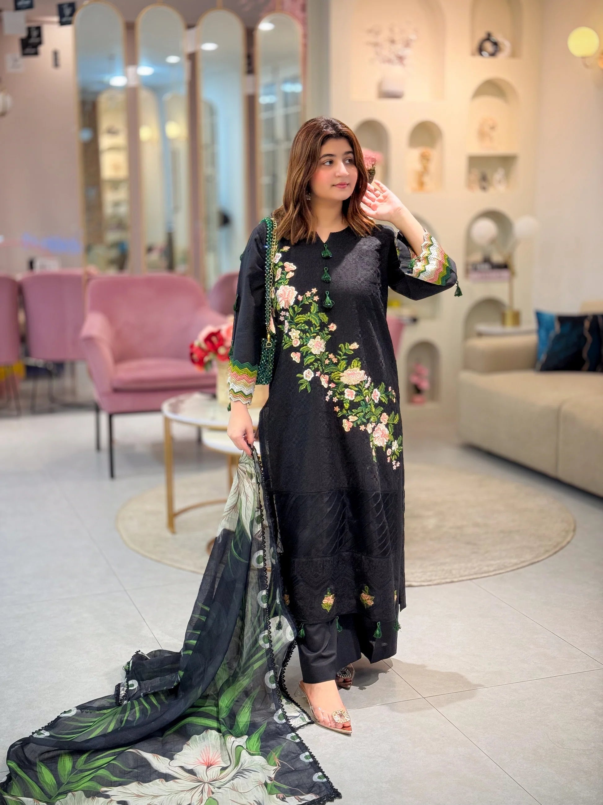 Luxury 3 Piece Embroidered Black Lawn Suit with Floral Dupatta