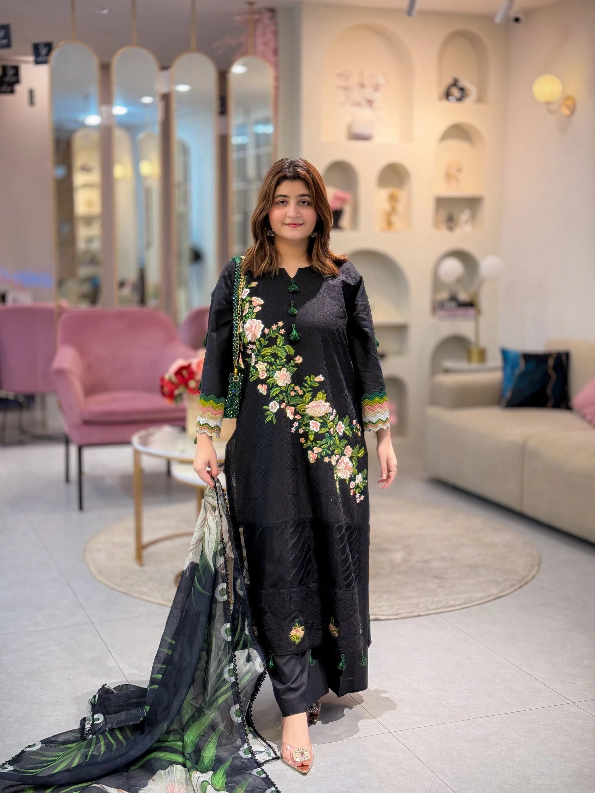 Luxury 3 Piece Embroidered Black Lawn Suit with Floral Dupatta