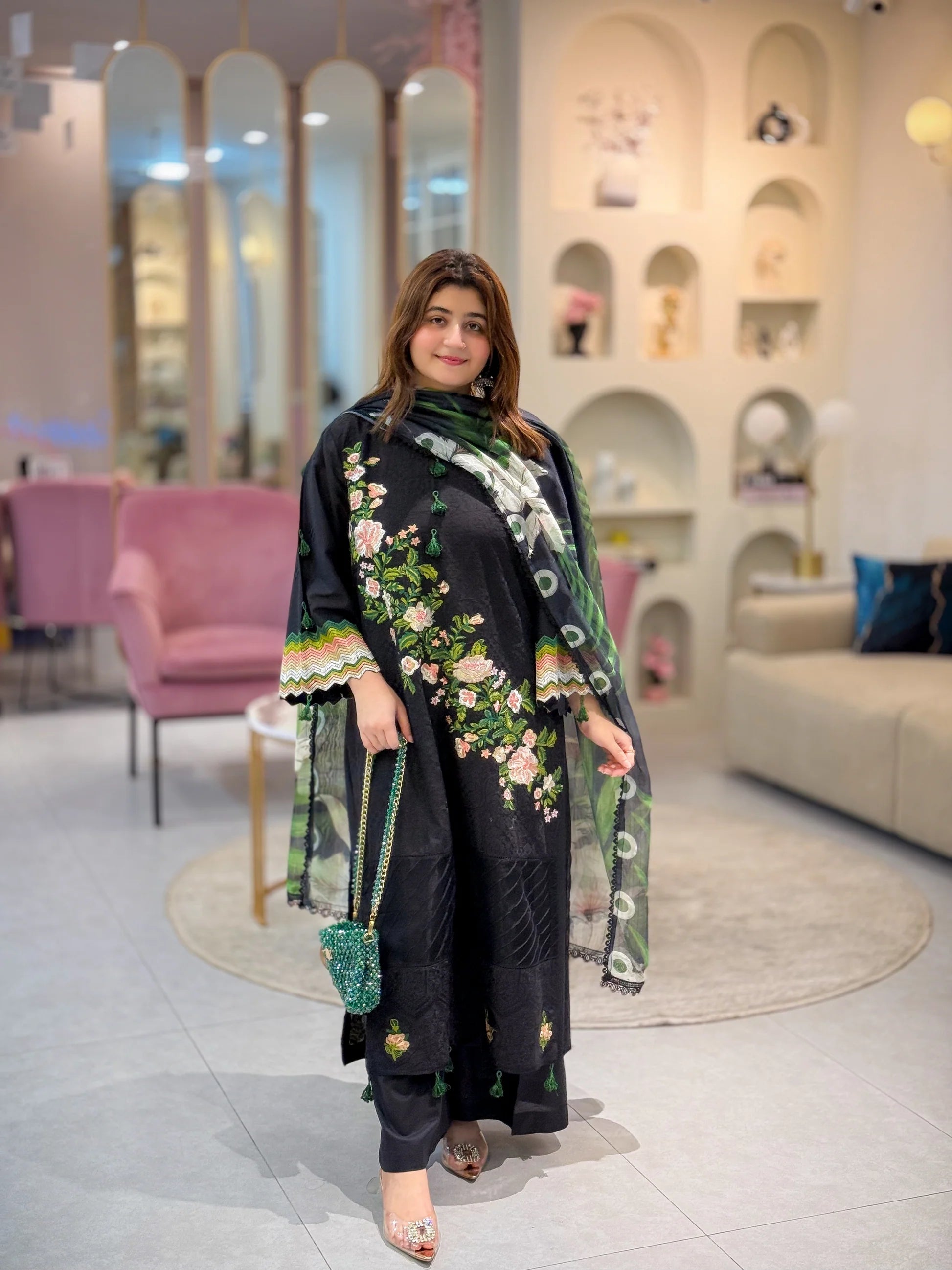 Luxury 3 Piece Embroidered Black Lawn Suit with Floral Dupatta