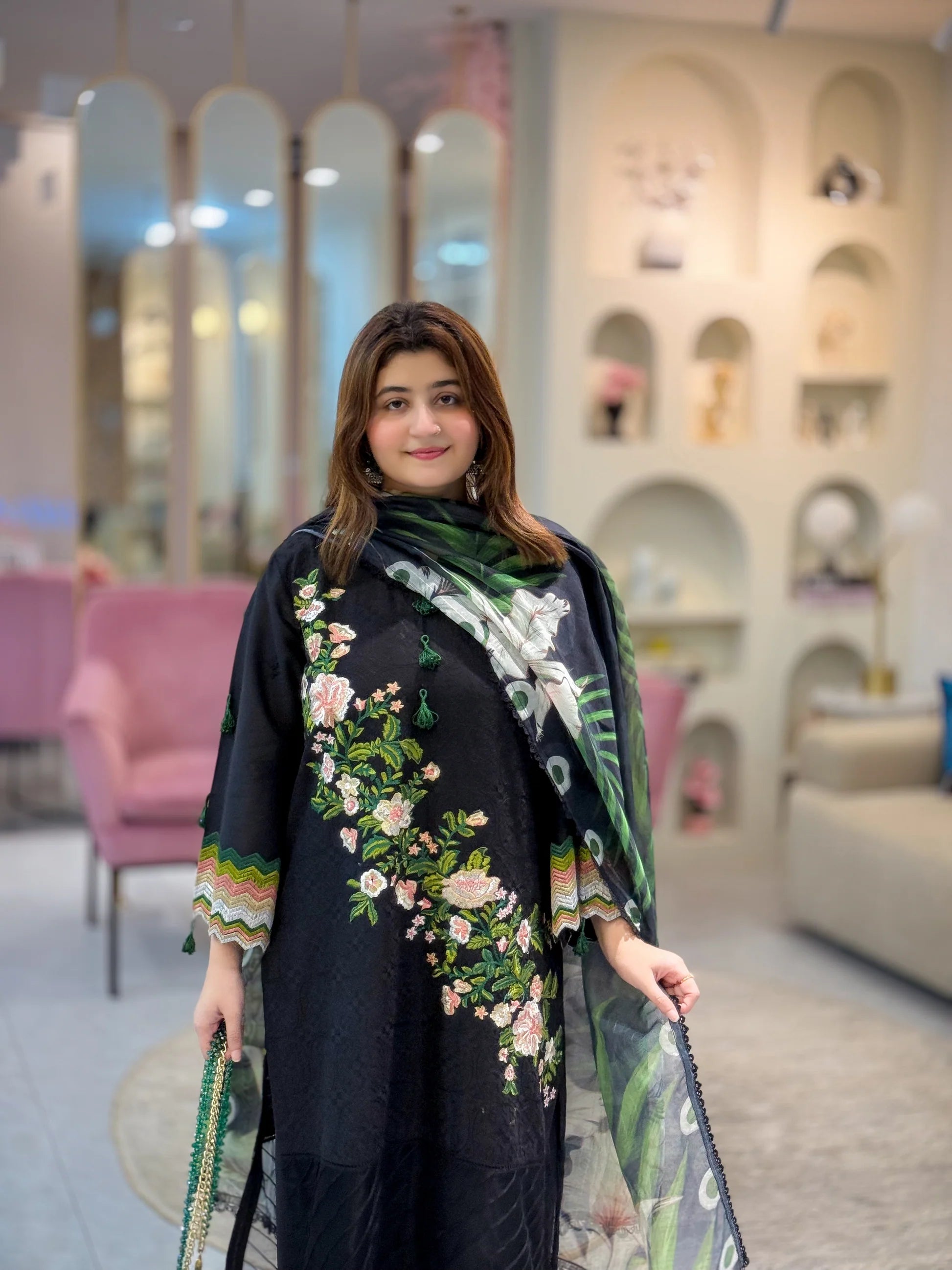 Luxury 3 Piece Embroidered Black Lawn Suit with Floral Dupatta