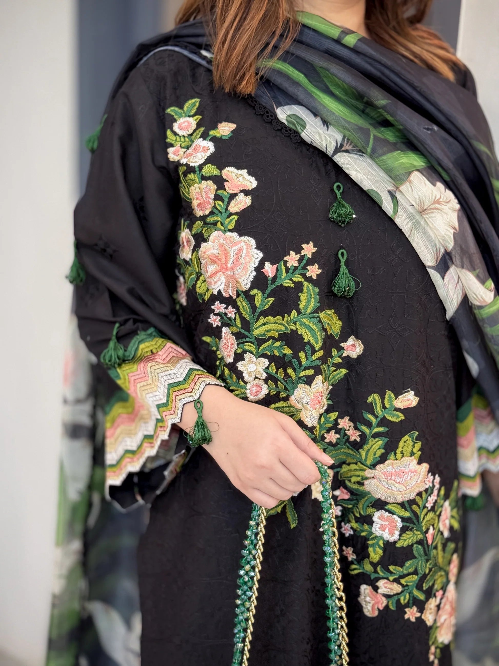 Luxury 3 Piece Embroidered Black Lawn Suit with Floral Dupatta