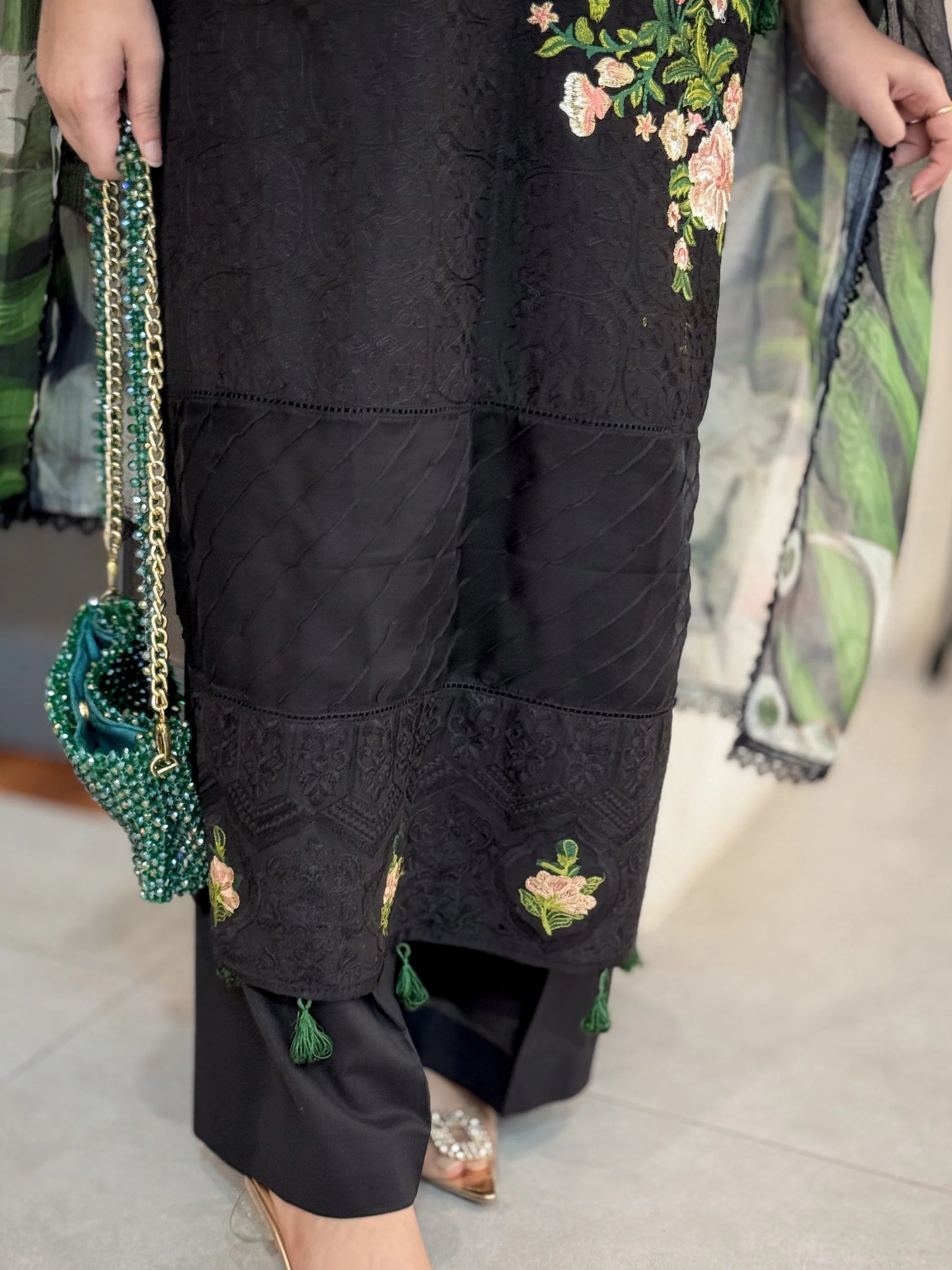 Luxury 3 Piece Embroidered Black Lawn Suit with Floral Dupatta