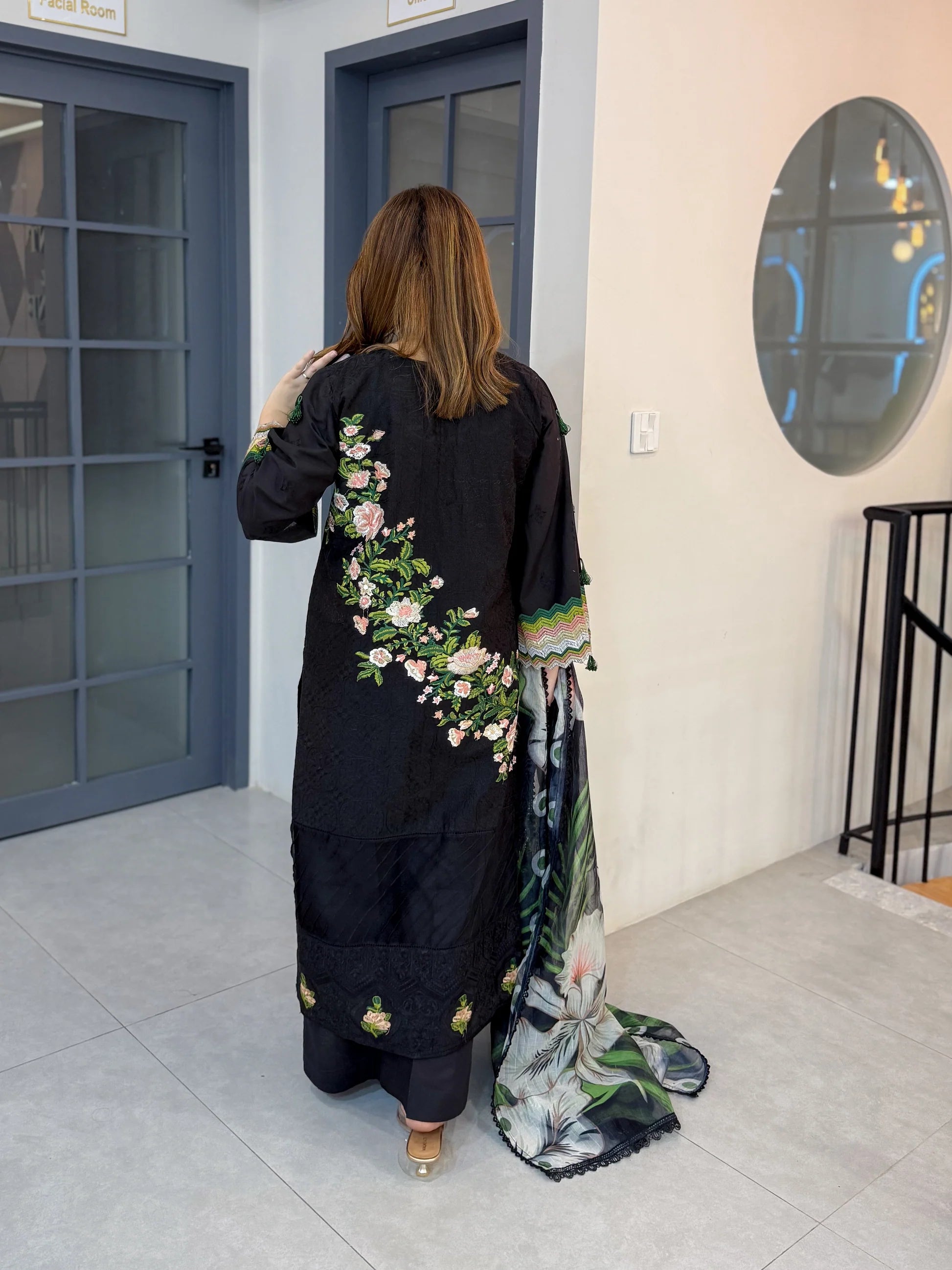 Luxury 3 Piece Embroidered Black Lawn Suit with Floral Dupatta