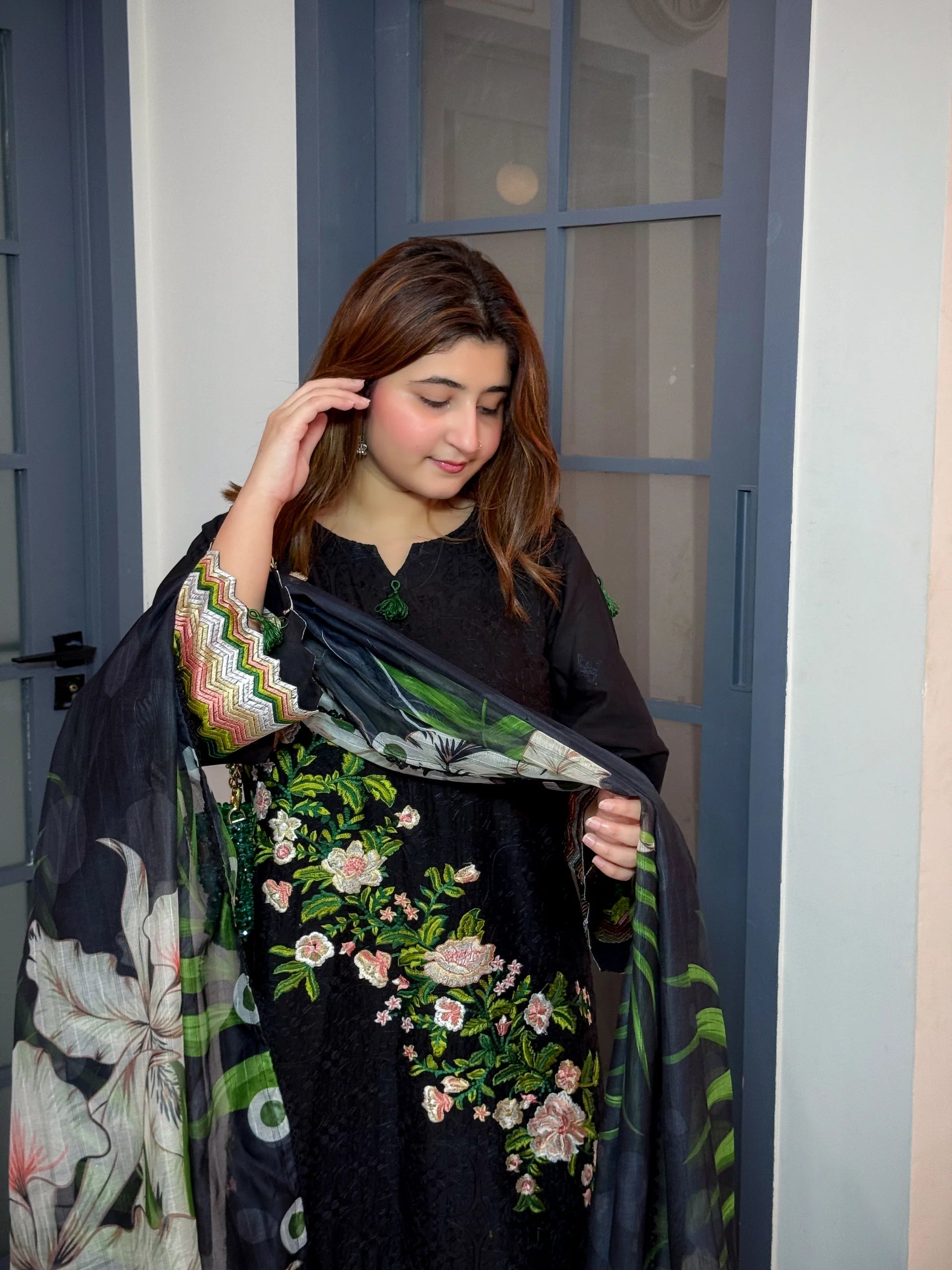 Luxury 3 Piece Embroidered Black Lawn Suit with Floral Dupatta