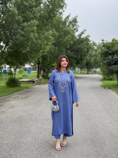 2 Piece Embroidered Winter Karandi Suit – Blue Elegance