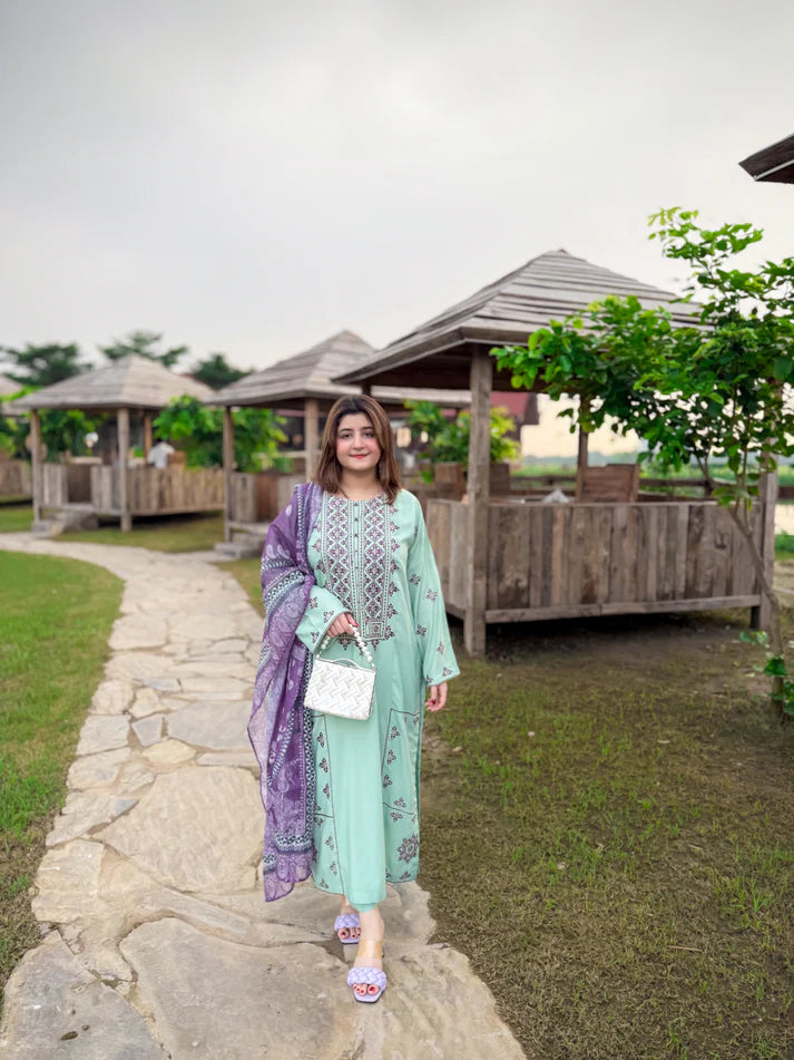 3 Piece Embroidered Suit – All Season Fabric in Ferozi