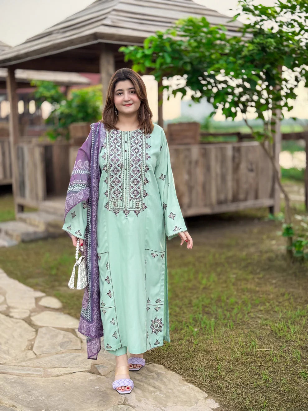 3 Piece Embroidered Suit – All Season Fabric in Ferozi