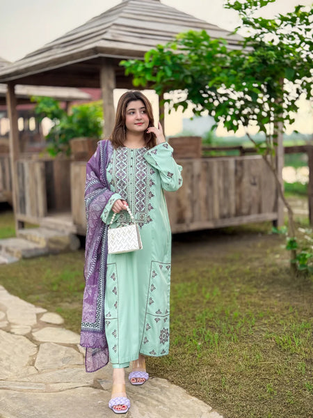 3 Piece Embroidered Suit – All Season Fabric in Ferozi