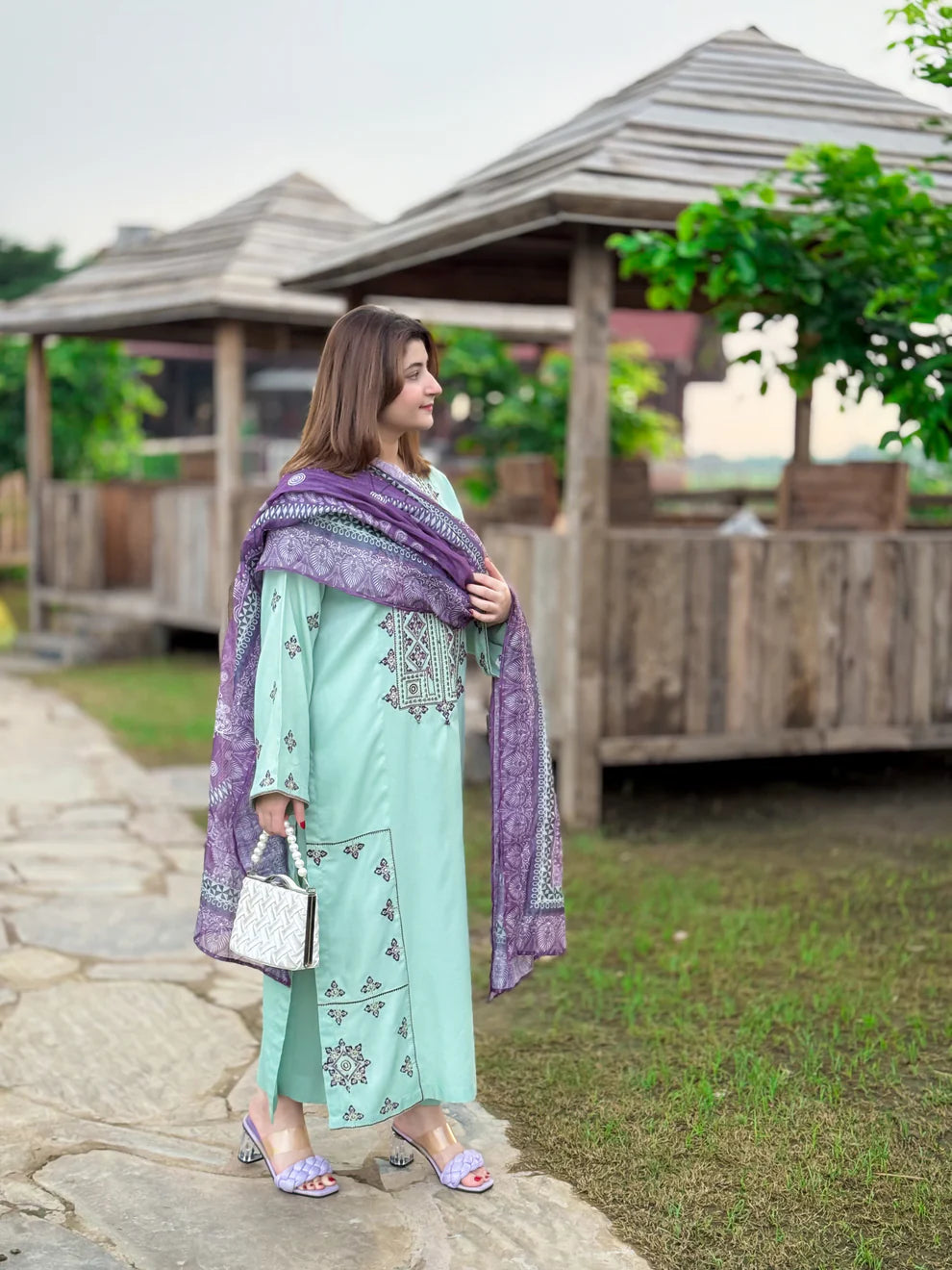 3 Piece Embroidered Suit – All Season Fabric in Ferozi