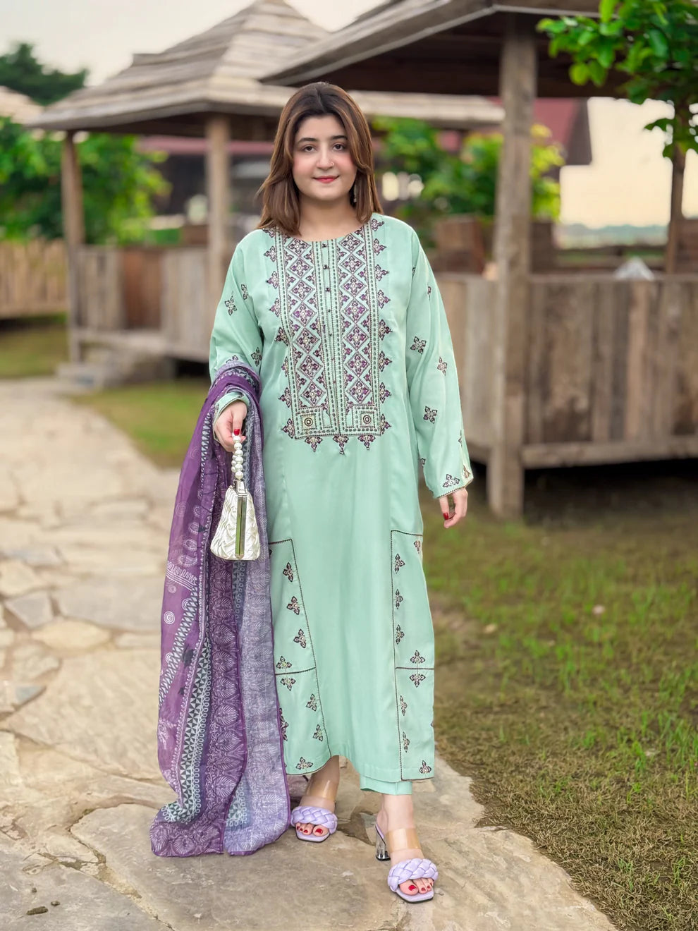 3 Piece Embroidered Suit – All Season Fabric in Ferozi