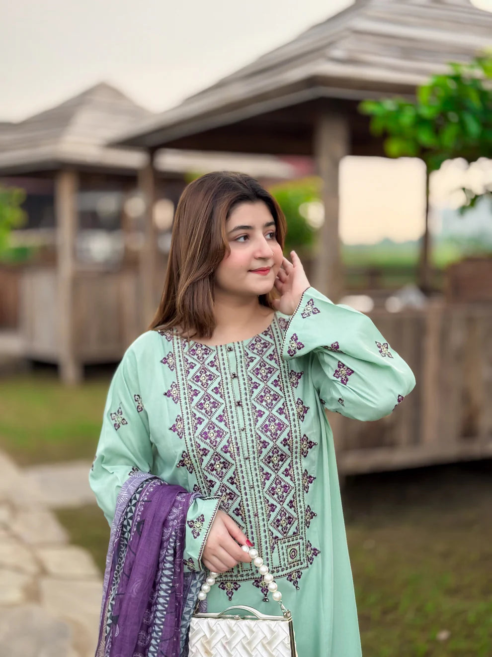 3 Piece Embroidered Suit – All Season Fabric in Ferozi