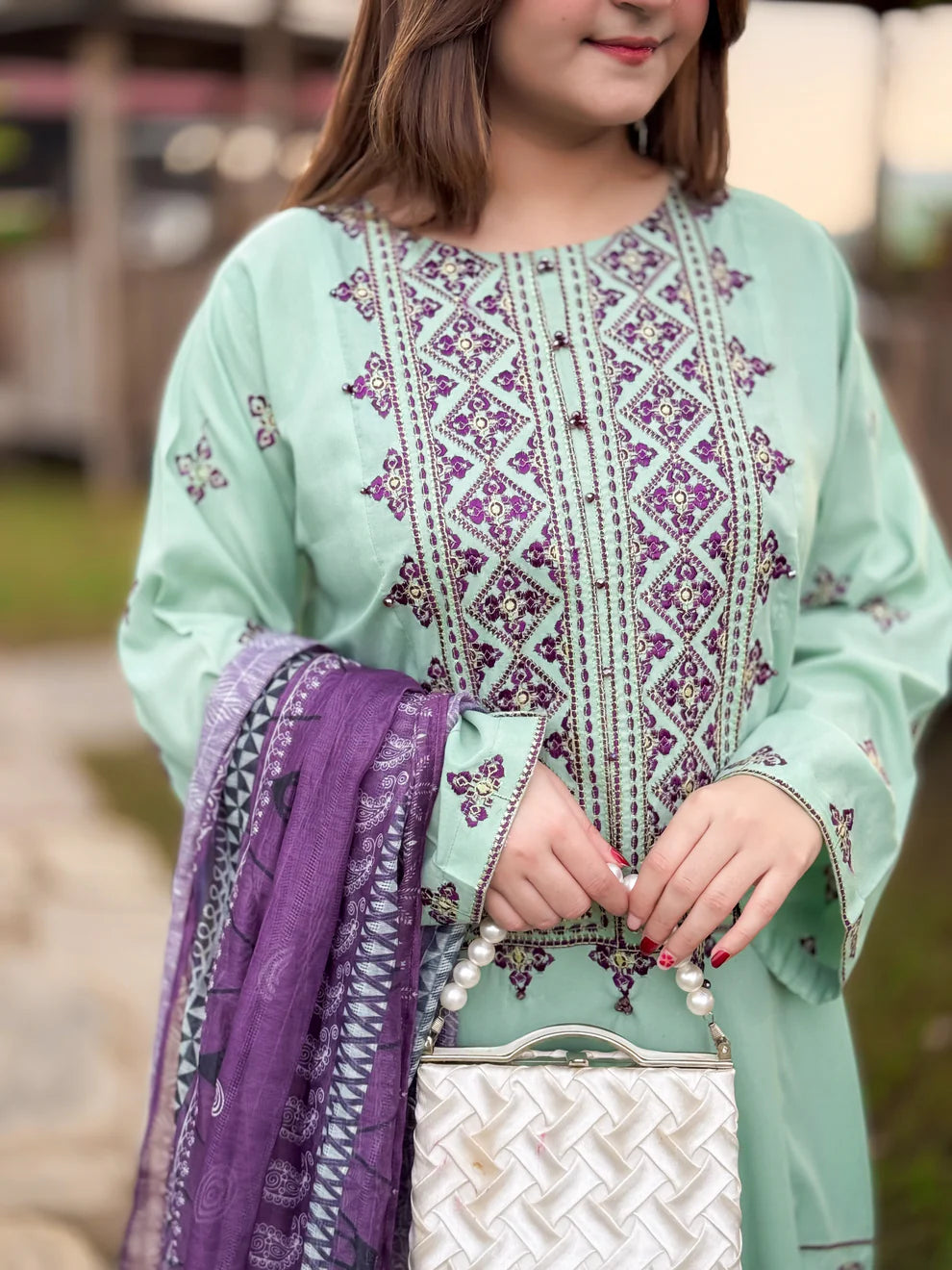 3 Piece Embroidered Suit – All Season Fabric in Ferozi