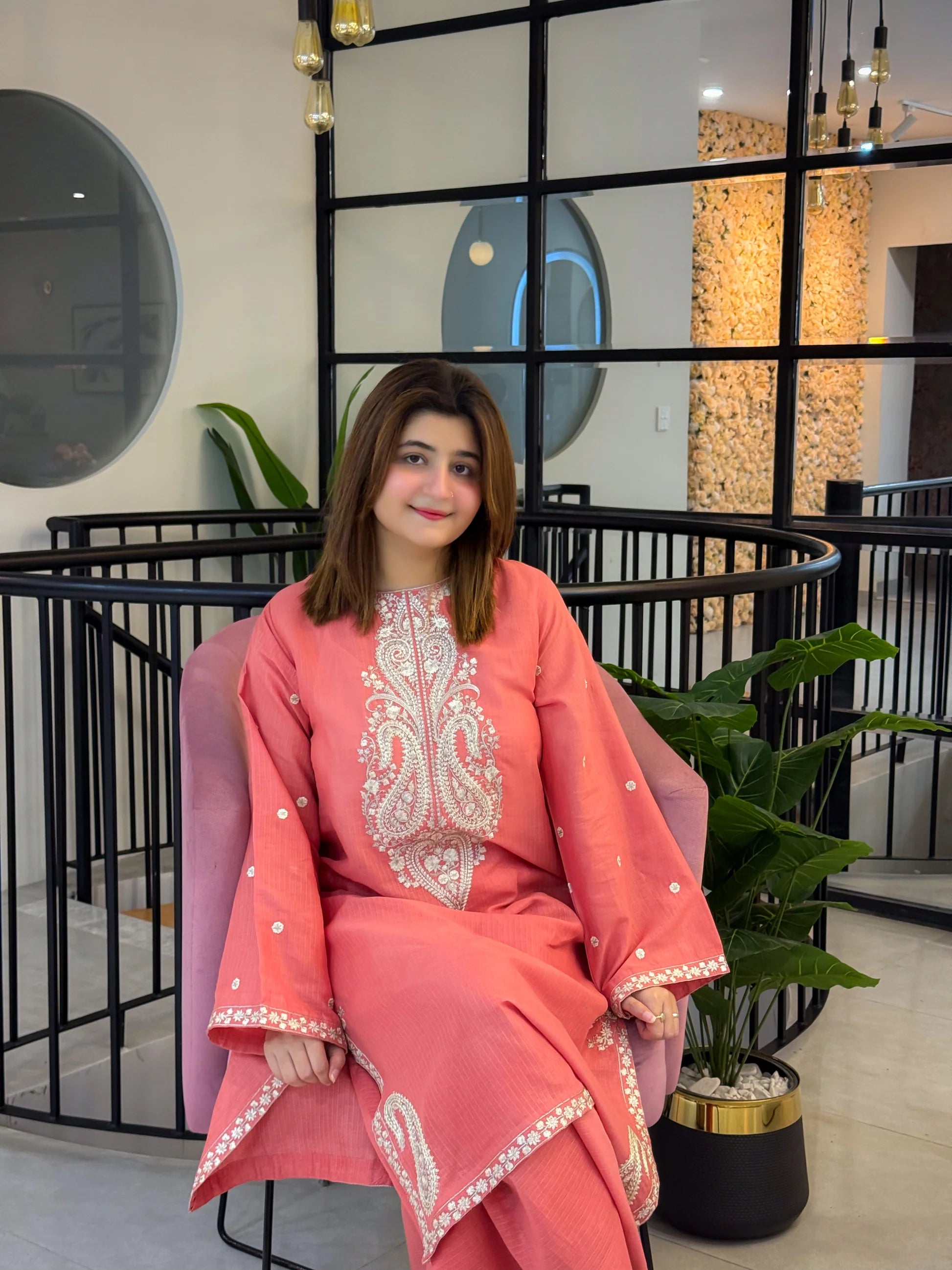 Peach Pink Embroidered 2-Piece All Season Suit