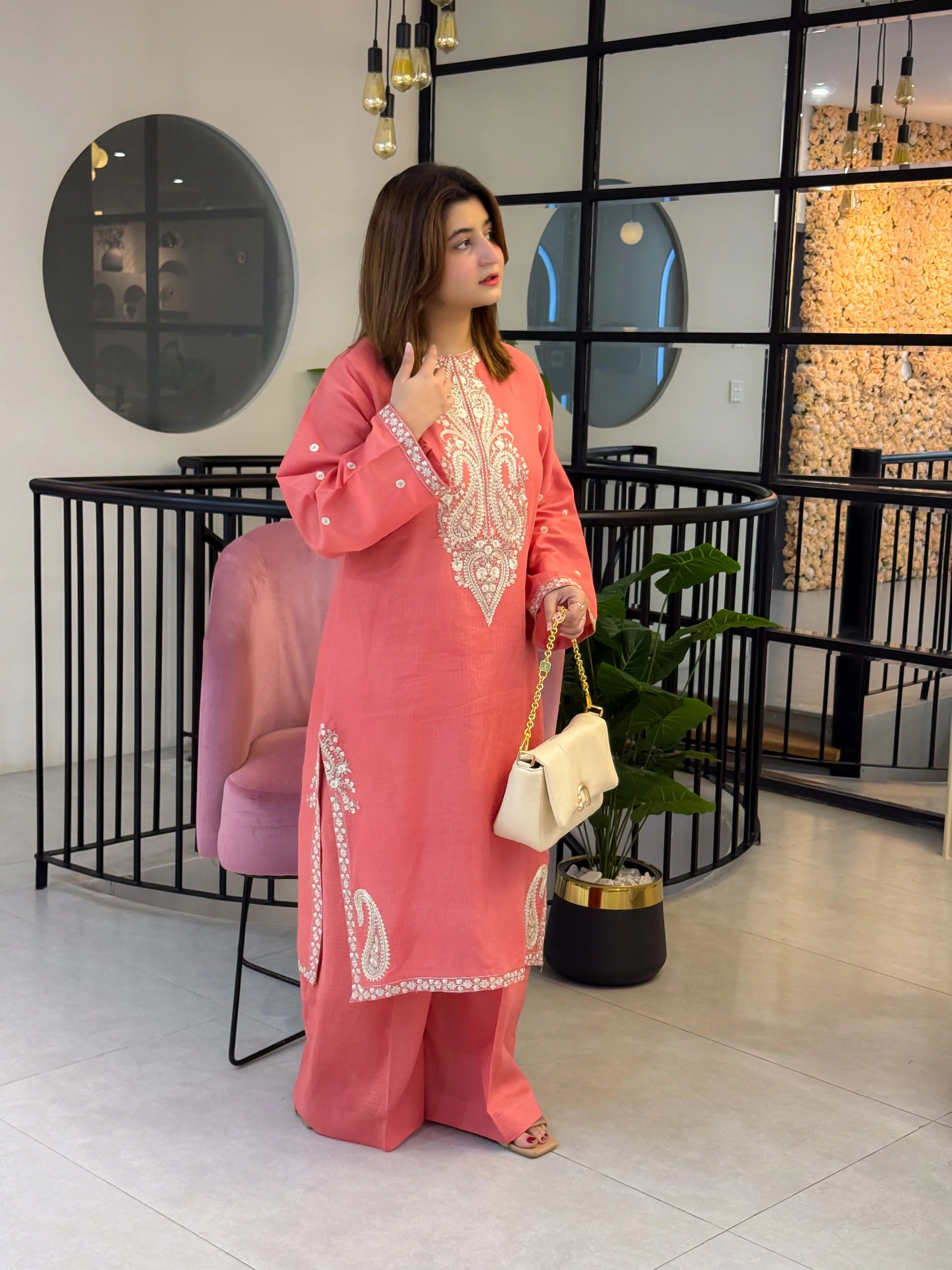Peach Pink Embroidered 2-Piece All Season Suit