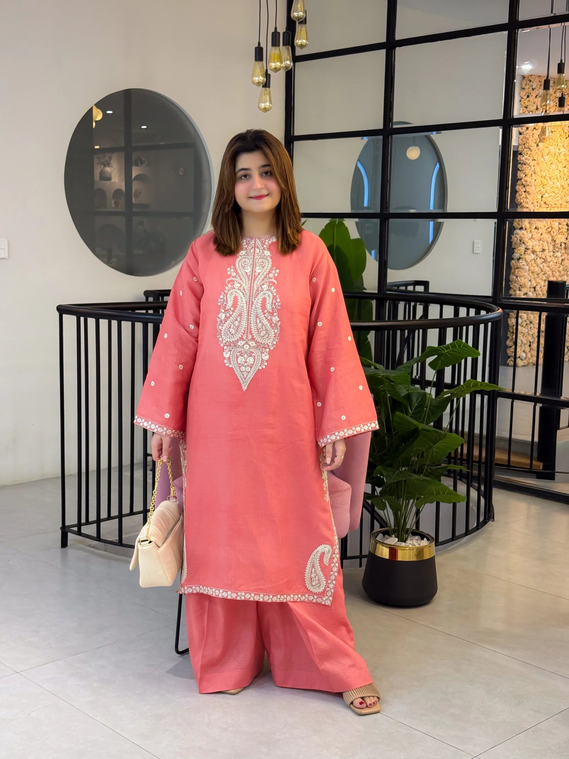 Peach Pink Embroidered 2-Piece All Season Suit