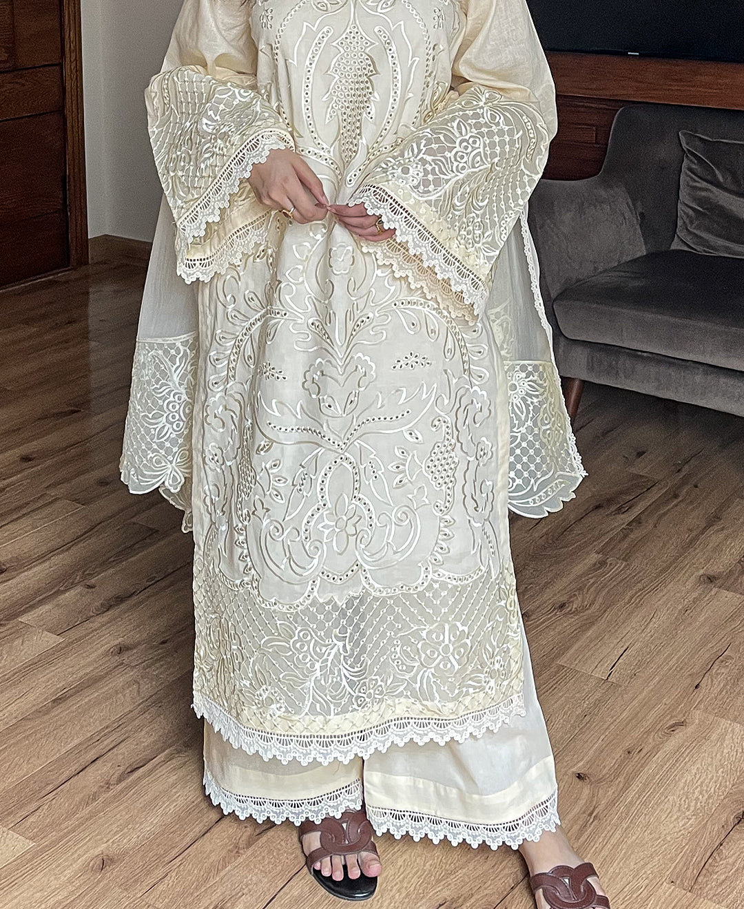 3 pcs Embroidered Dress - Butter Beige