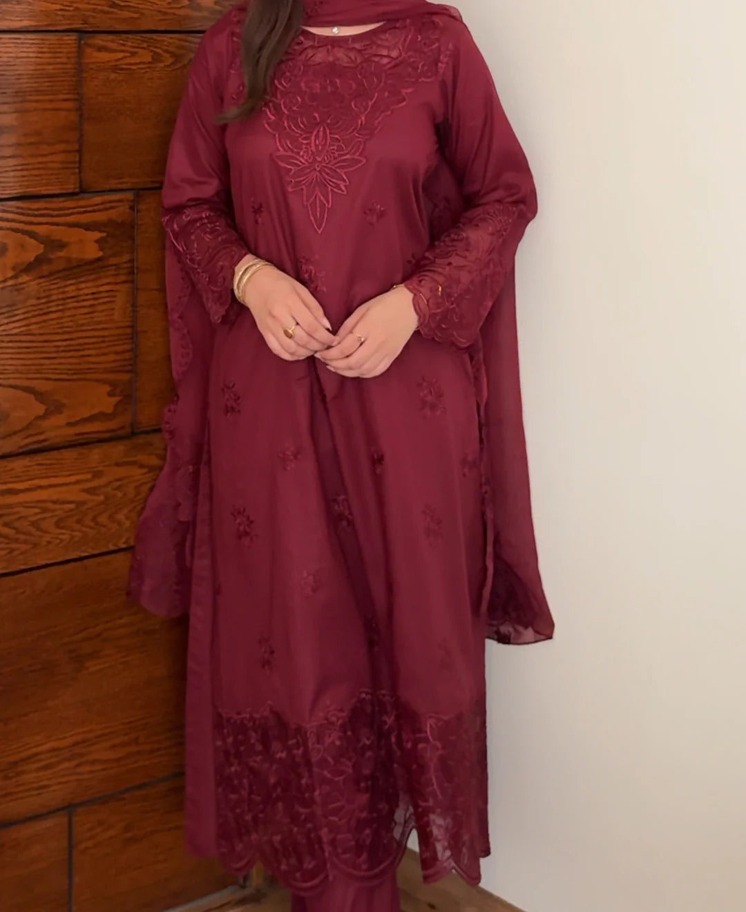 Maroon Embroidered 3 Piece Winter Dress | Ready to Wear