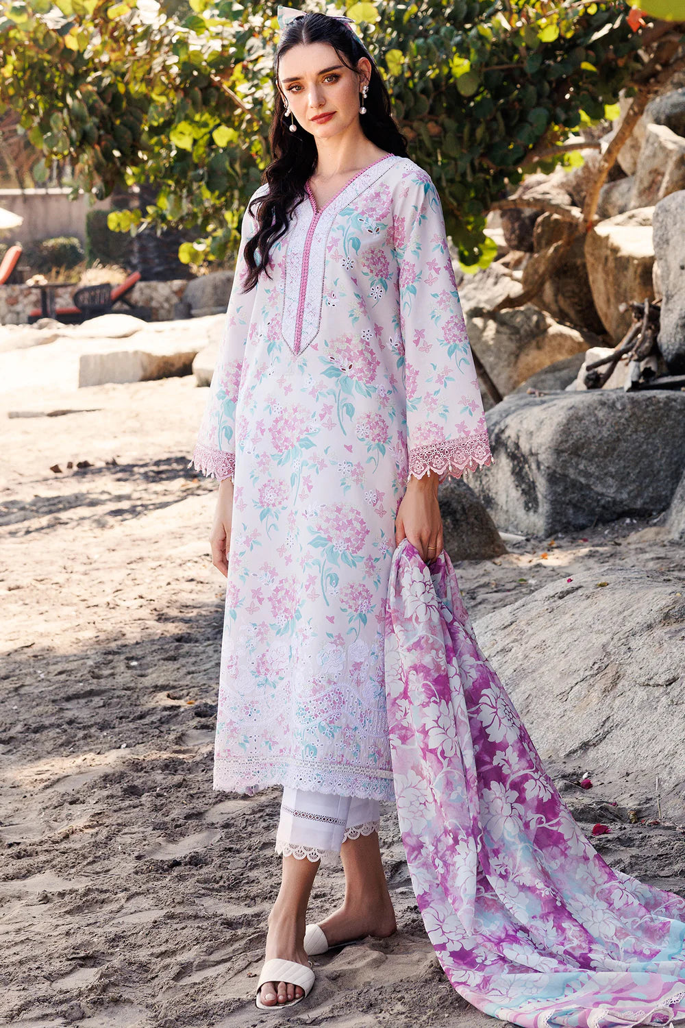 Pastel Floral Printed Lawn Suit with Lace Detailing