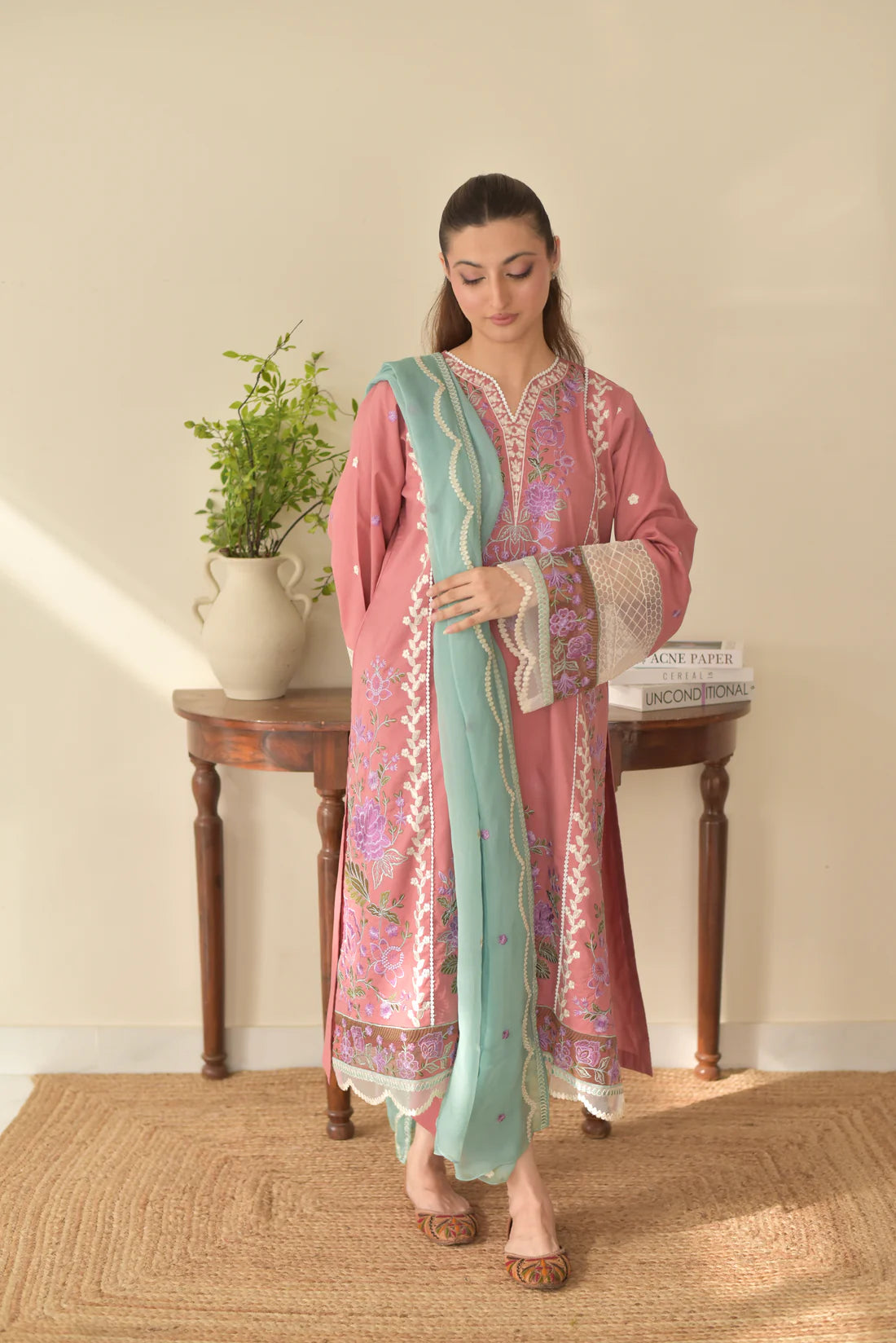 3 pcs Embroidered Dress-Rose Set