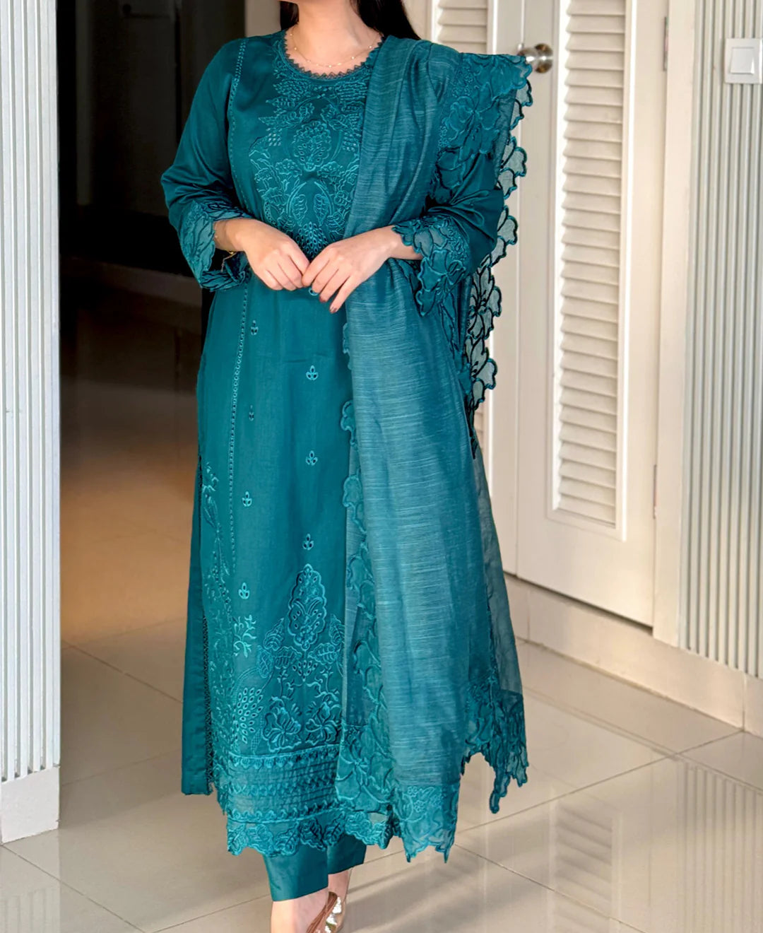 Teal Green Embroidered 3-Piece