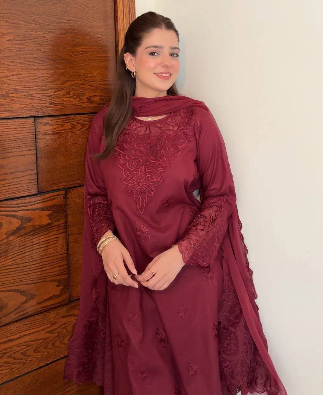 Maroon Embroidered 3 Piece Winter Dress | Ready to Wear