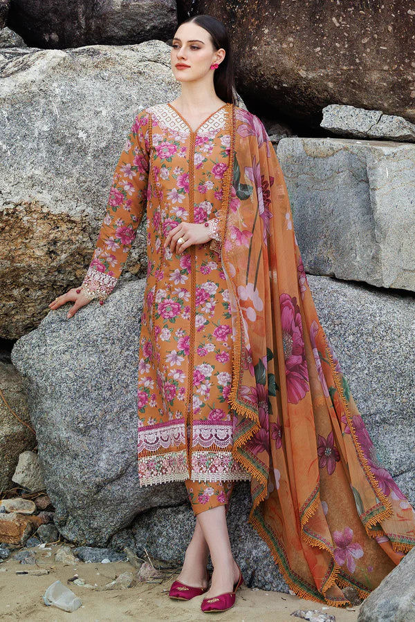 Rust Floral Printed 3-Piece Lawn Suit with Embroidered Details
