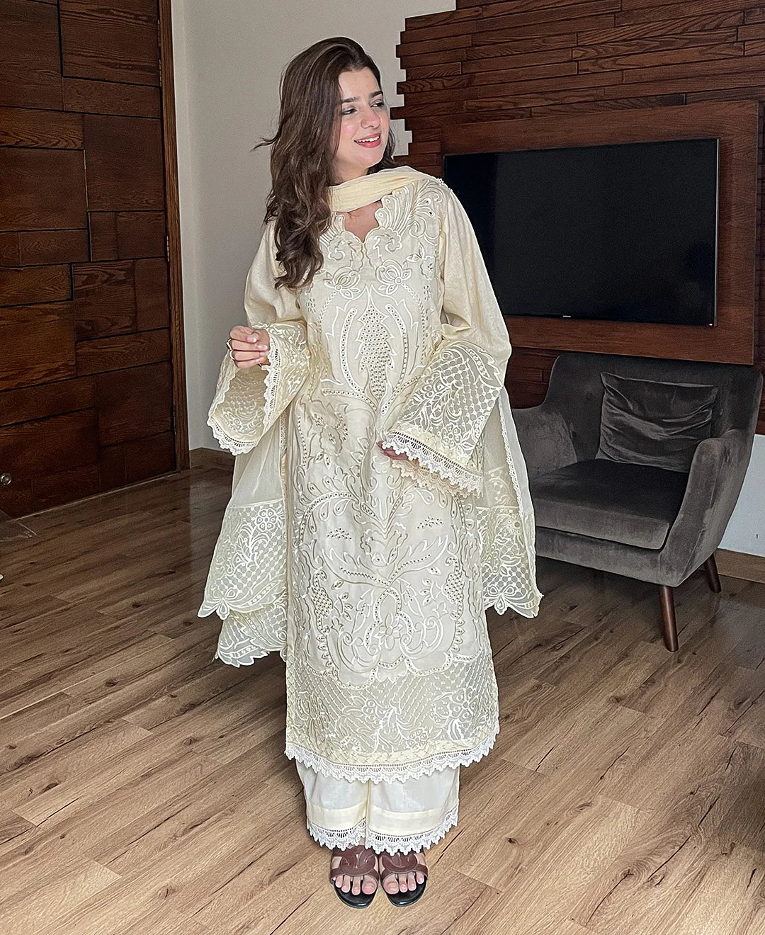 3 pcs Embroidered Dress - Butter Beige