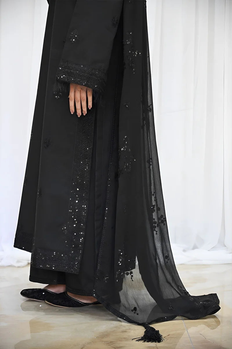 Black Embroidered 3 Piece Winter Dress