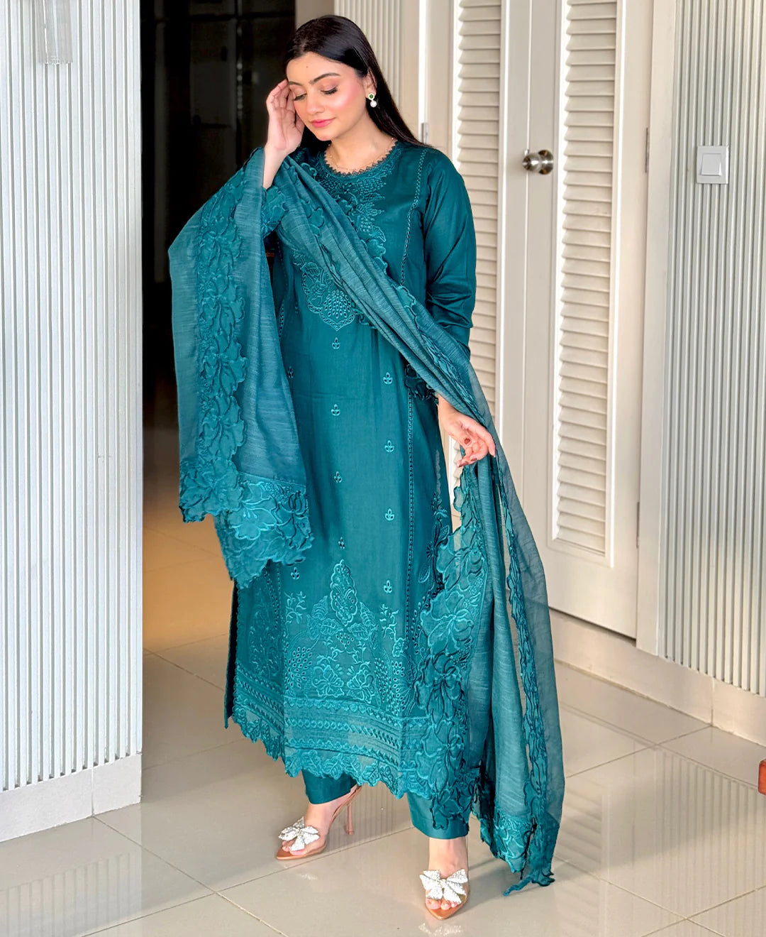 Teal Green Embroidered 3-Piece