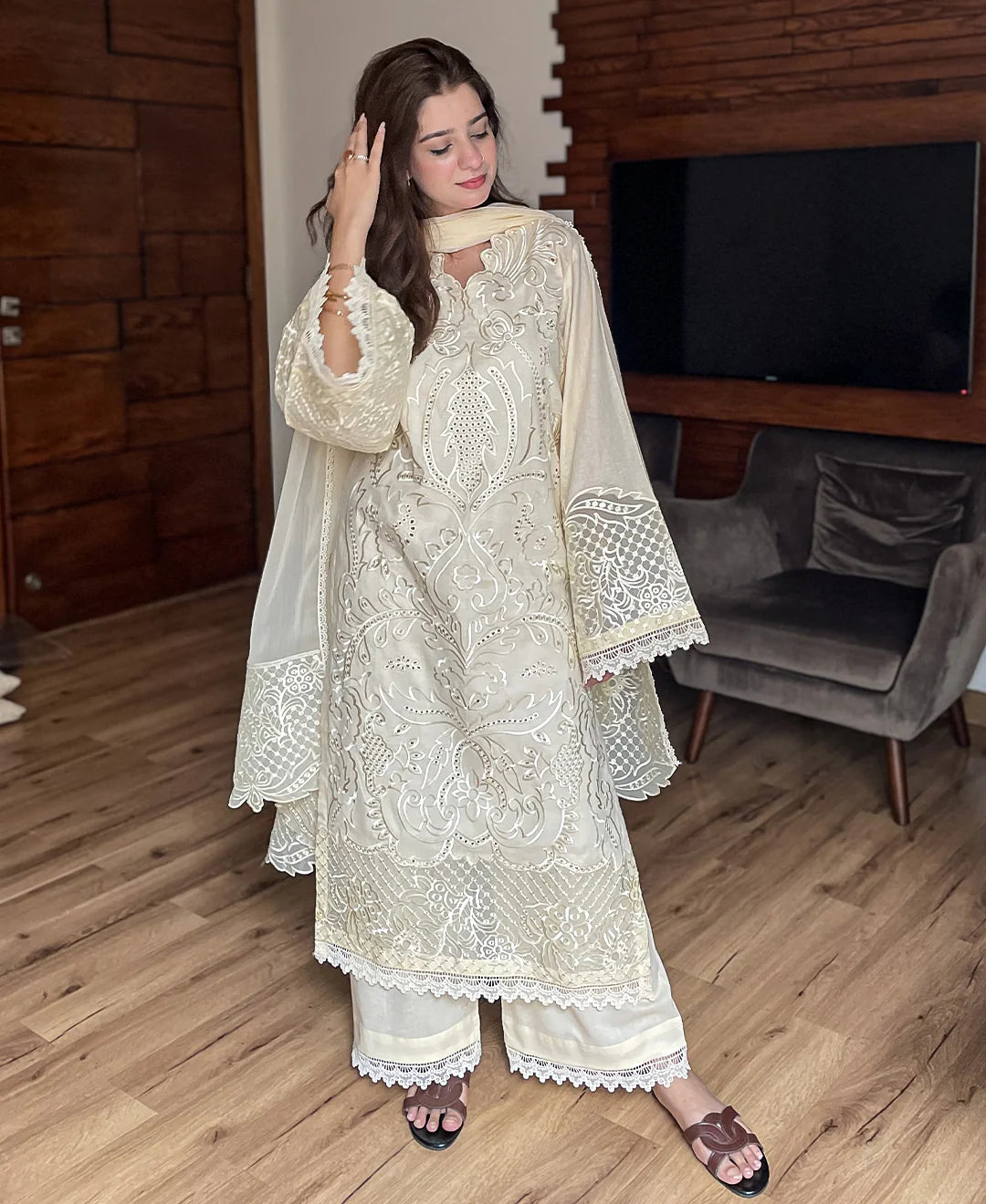 Elegant Cream Embroidered 3-Piece Winter Suit | Ready to Wear