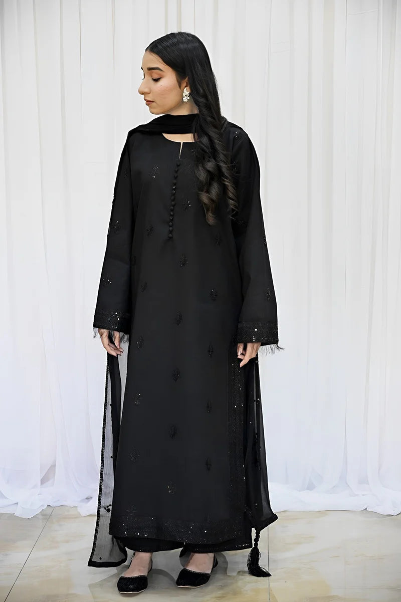 Black Embroidered 3 Piece Winter Dress