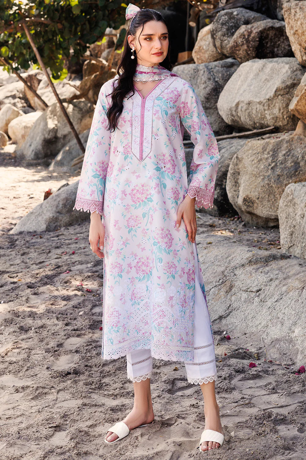 Pastel Floral Printed Lawn Suit with Lace Detailing