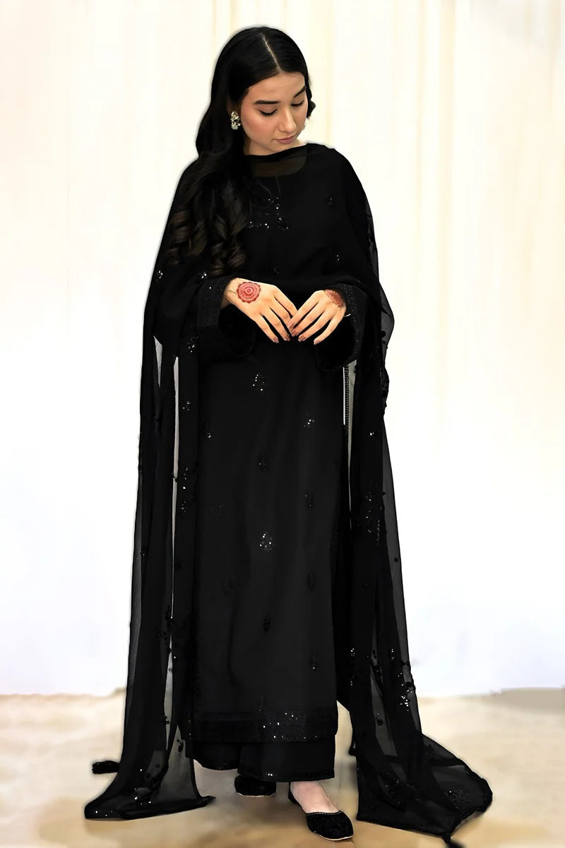Black Embroidered 3 Piece Winter Dress