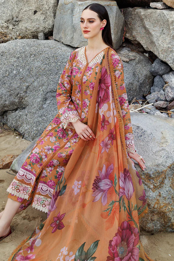 Rust Floral Printed 3-Piece Lawn Suit with Embroidered Details