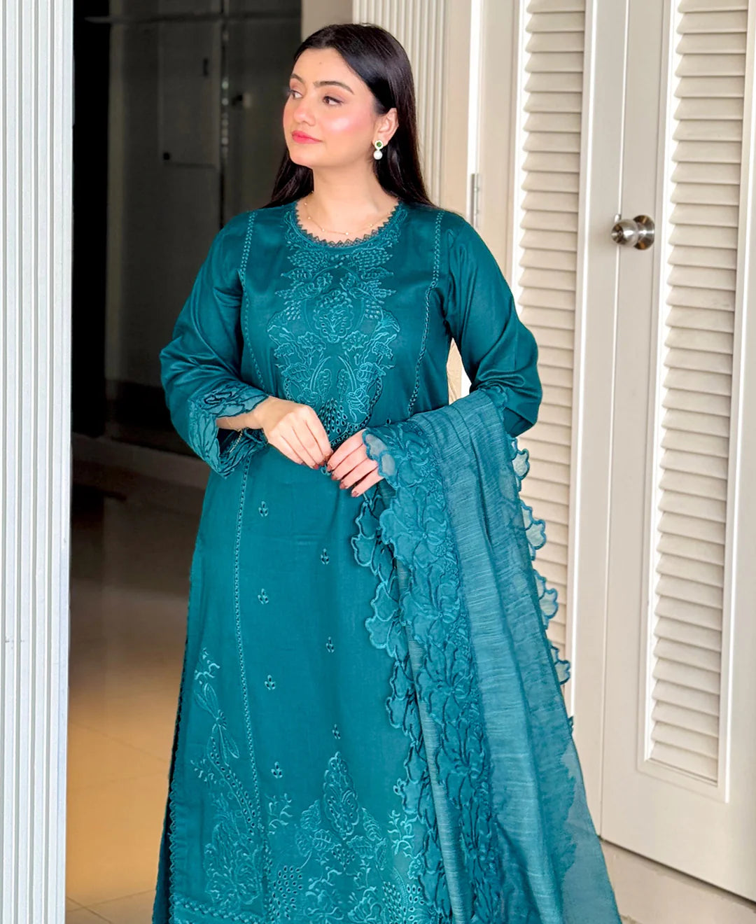 Teal Green Embroidered 3-Piece