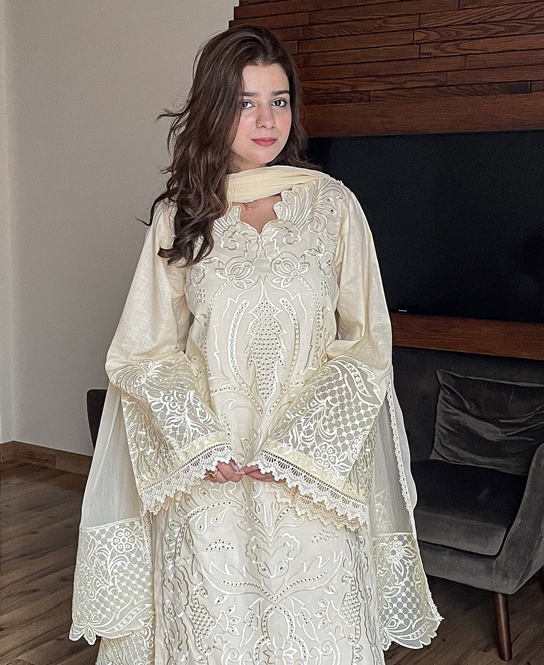 3 pcs Embroidered Dress - Butter Beige