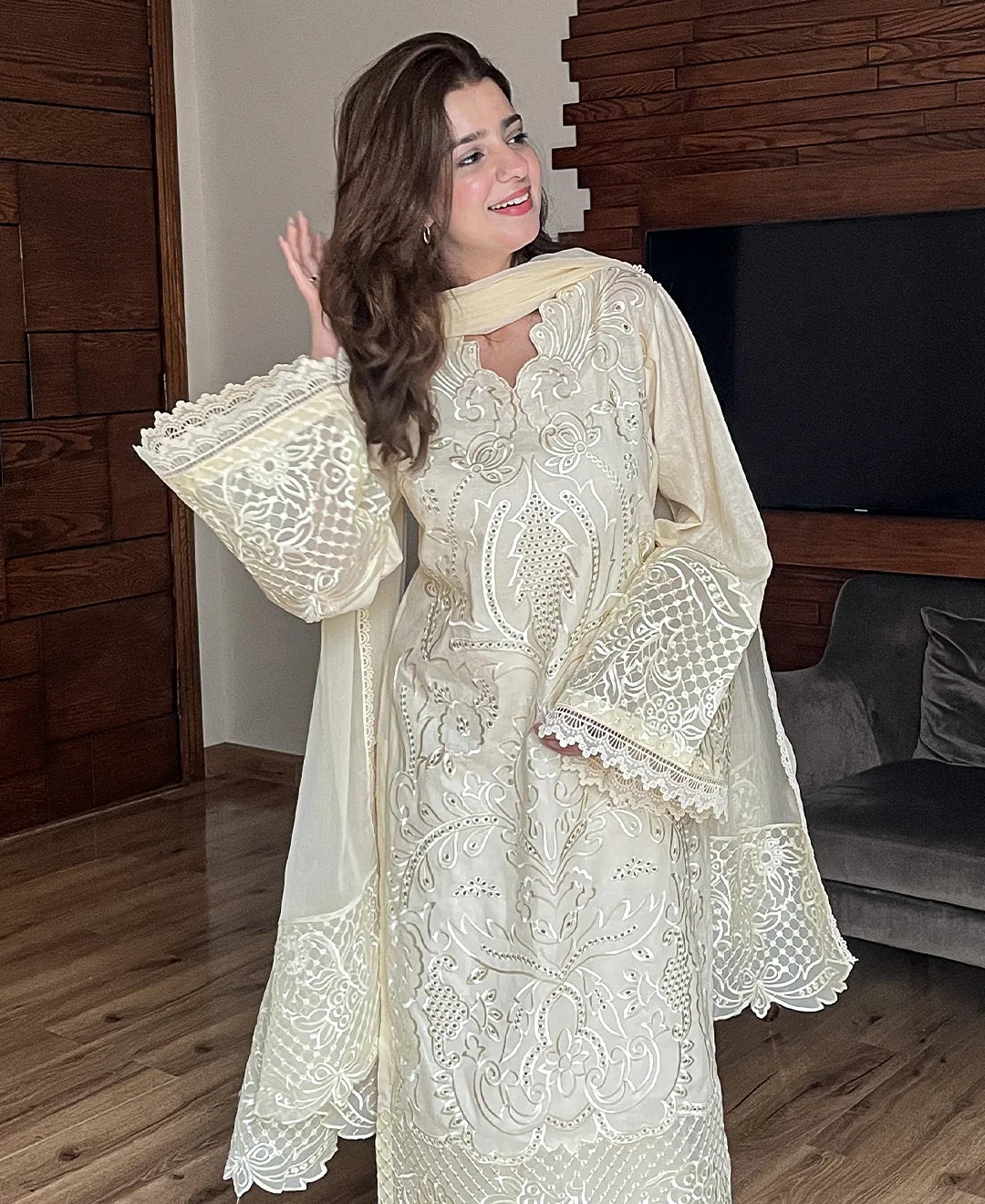 Elegant Cream Embroidered 3-Piece Winter Suit | Ready to Wear