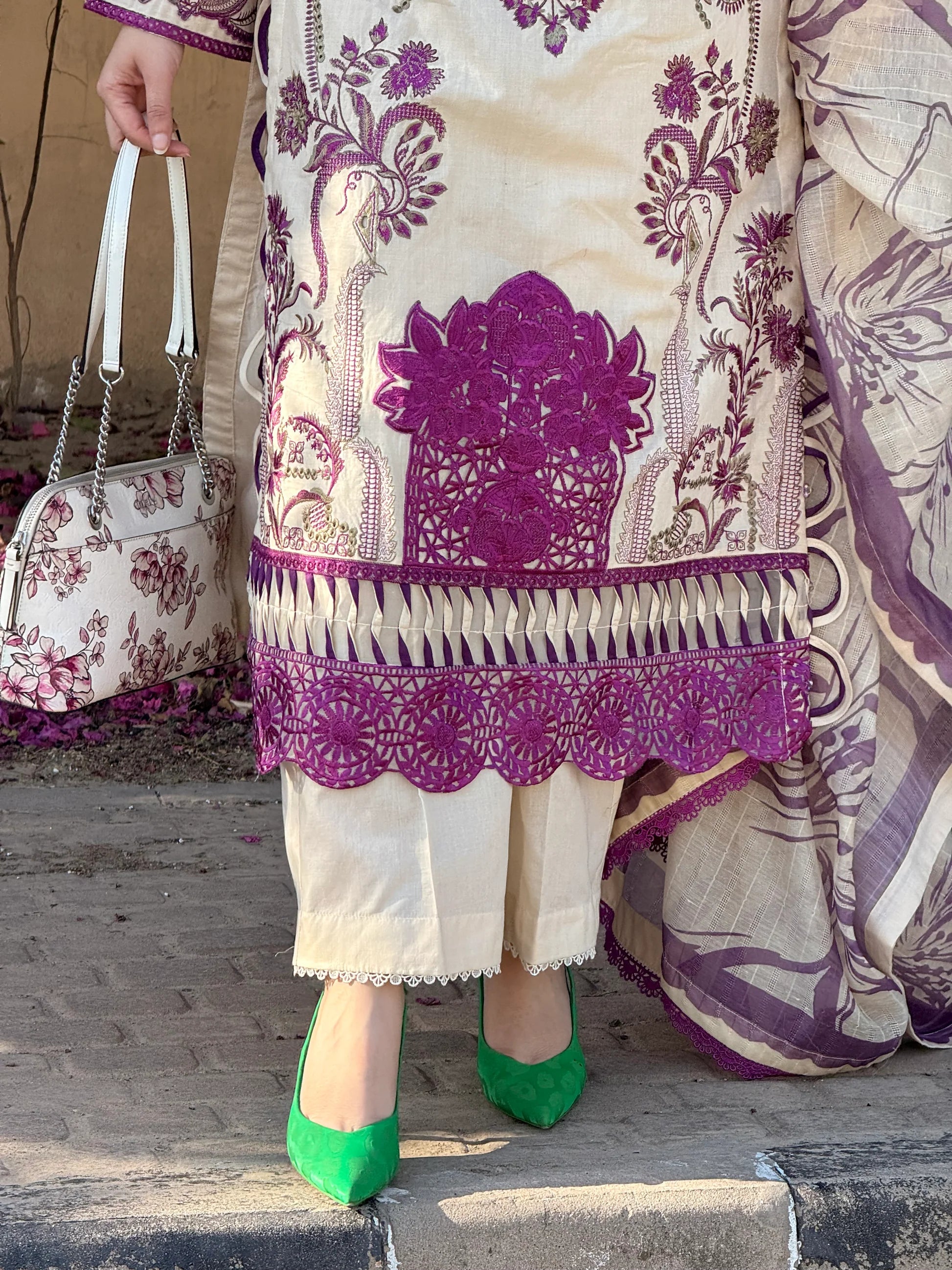 Off White Embroidered 3-Piece Suit with Dupatta